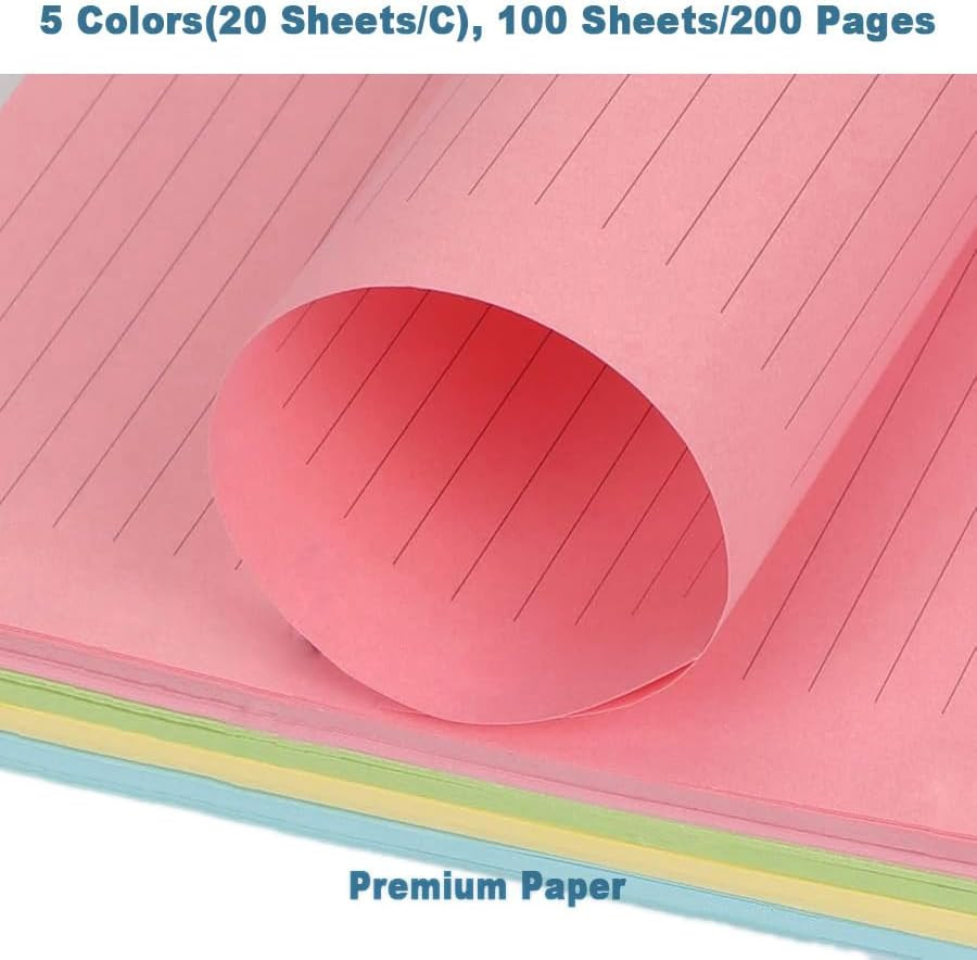 A5 Filler Paper, 6 Hole Colorful Refills, Lined Paper for 6 Ring Binder, 100
