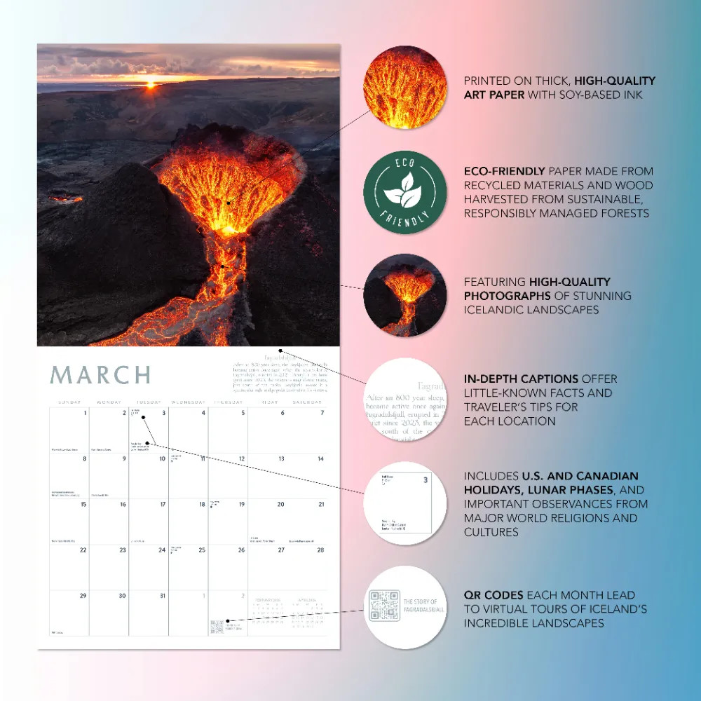 Iceland Calendar 2026 | 12″ x 24″ 12 Month Calendar | Marble City Press