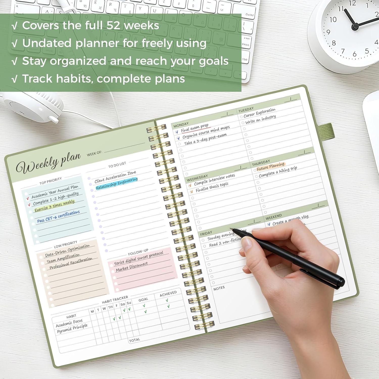 Oucaru Undated Weekly Planner, A5 To Do List Notebook with Goal & Habit Tracker