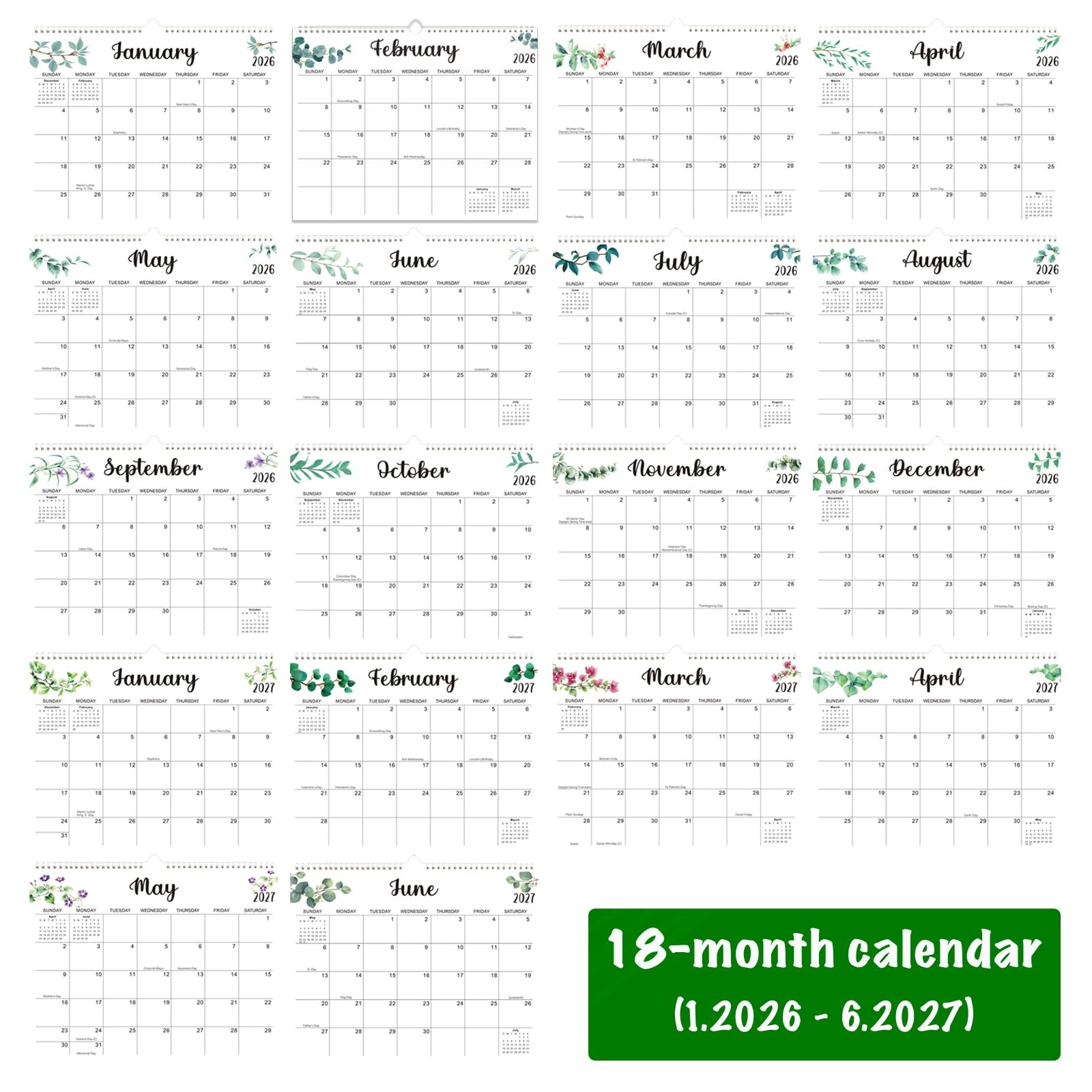 DeBiao 2026 Wall Calendar – 18 Months 2026-2027, Jan 2026 11″ x 14″
