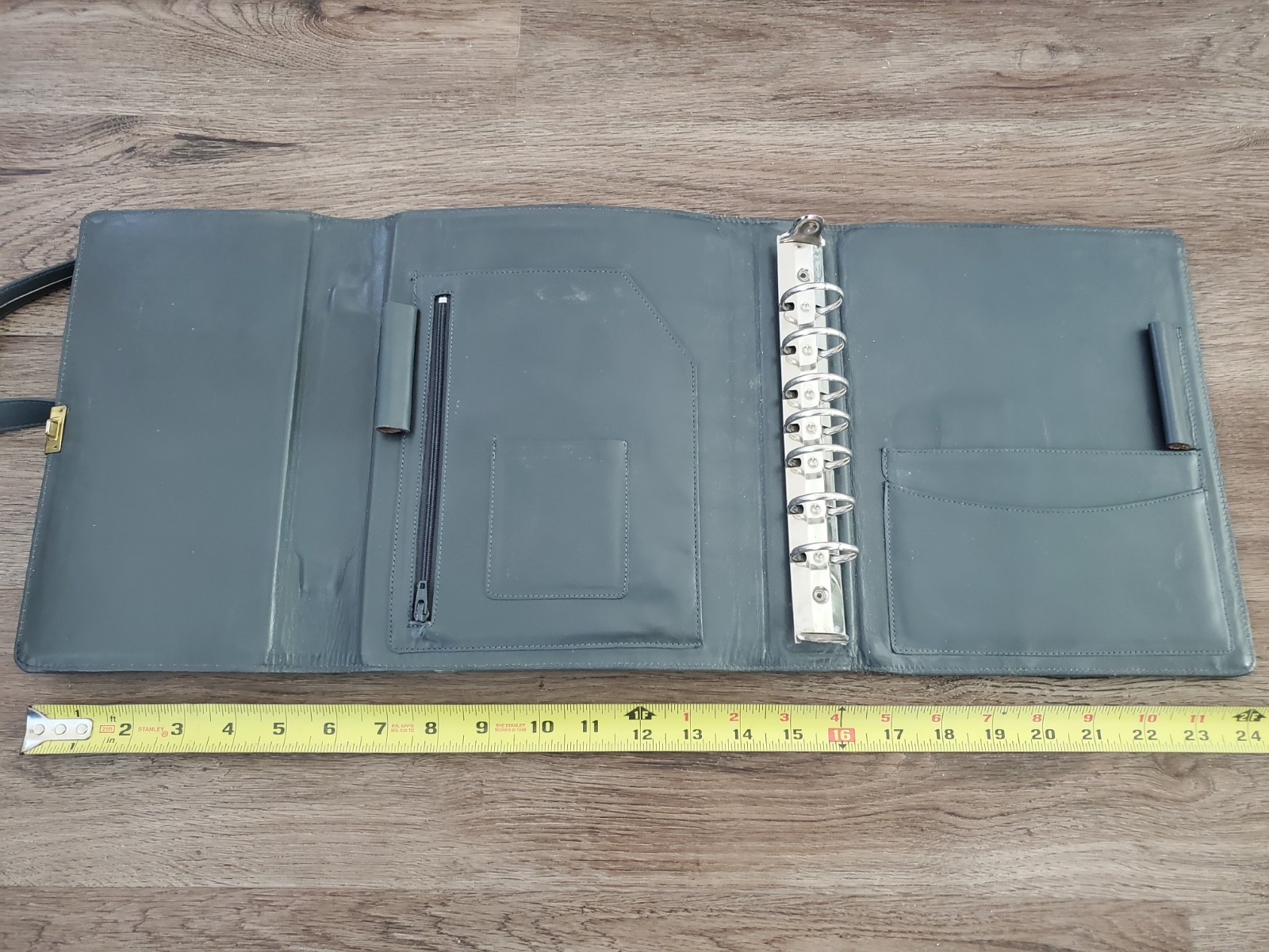 Vintage Genuine Leather 7 Ring Locking Binder Business Planner Gray 50s 60s 70s