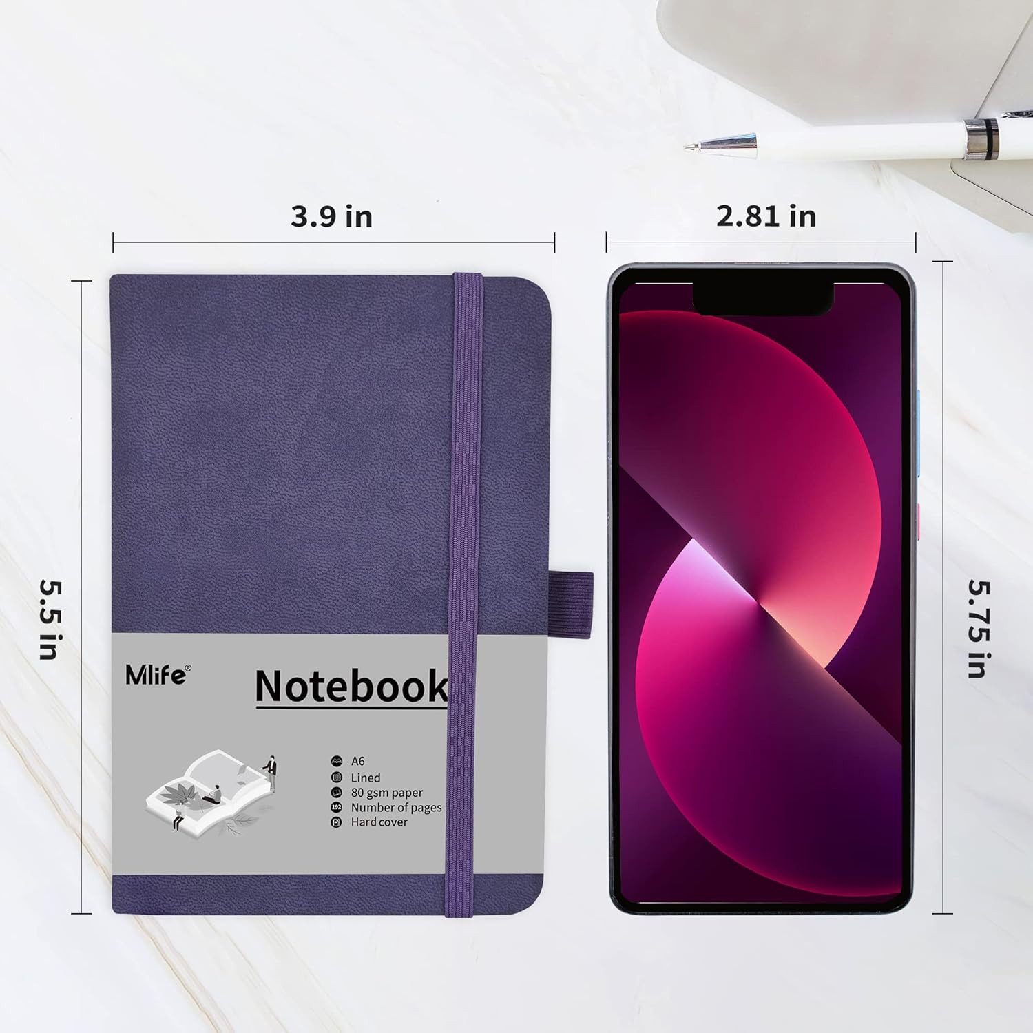A6 Hardcover Lined Pocket Notebook with Pen Holder, 192 Pages, Purple