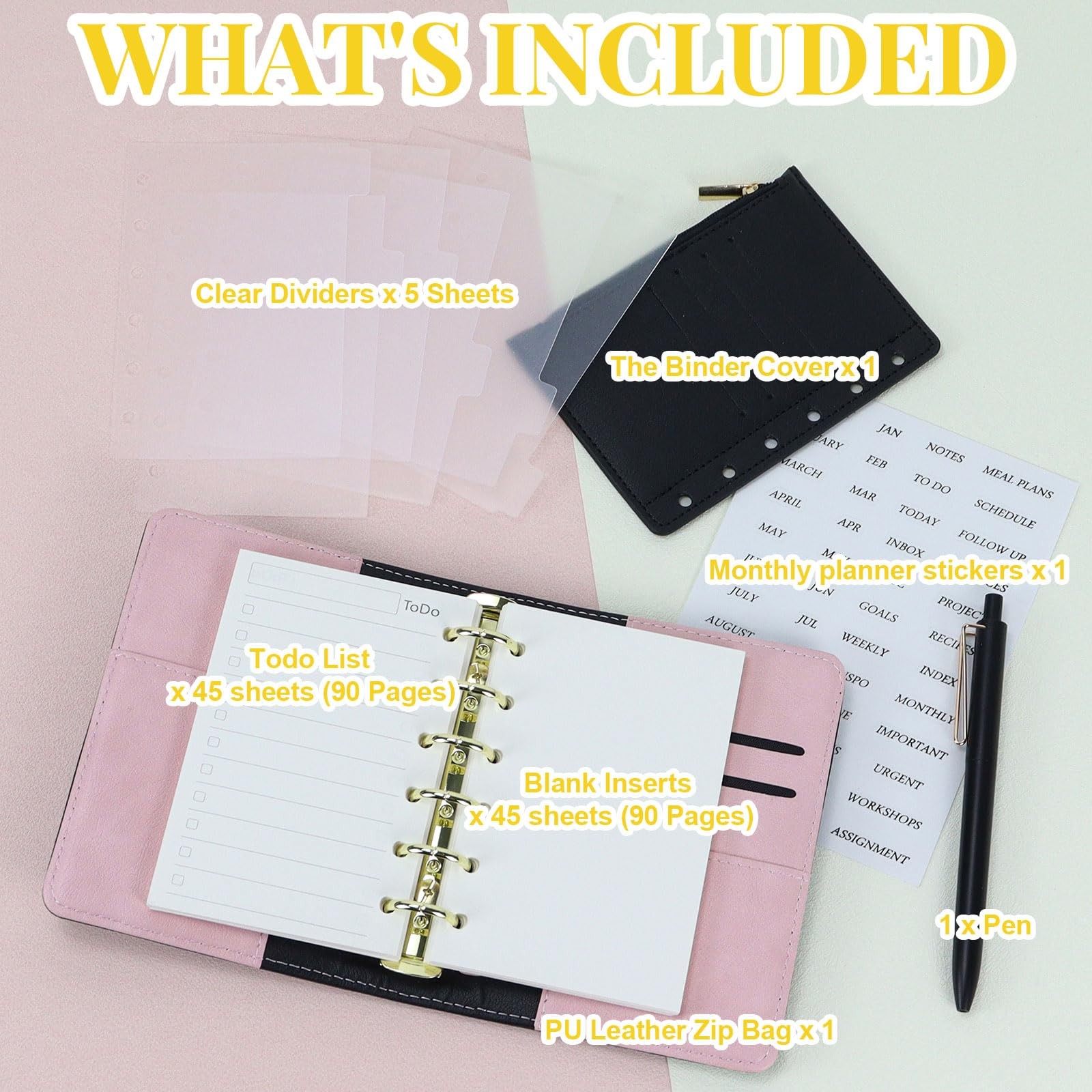 Koqye A7 Refillable Planner Small Binder Notebook 6 Ring, A7, Black & Pink