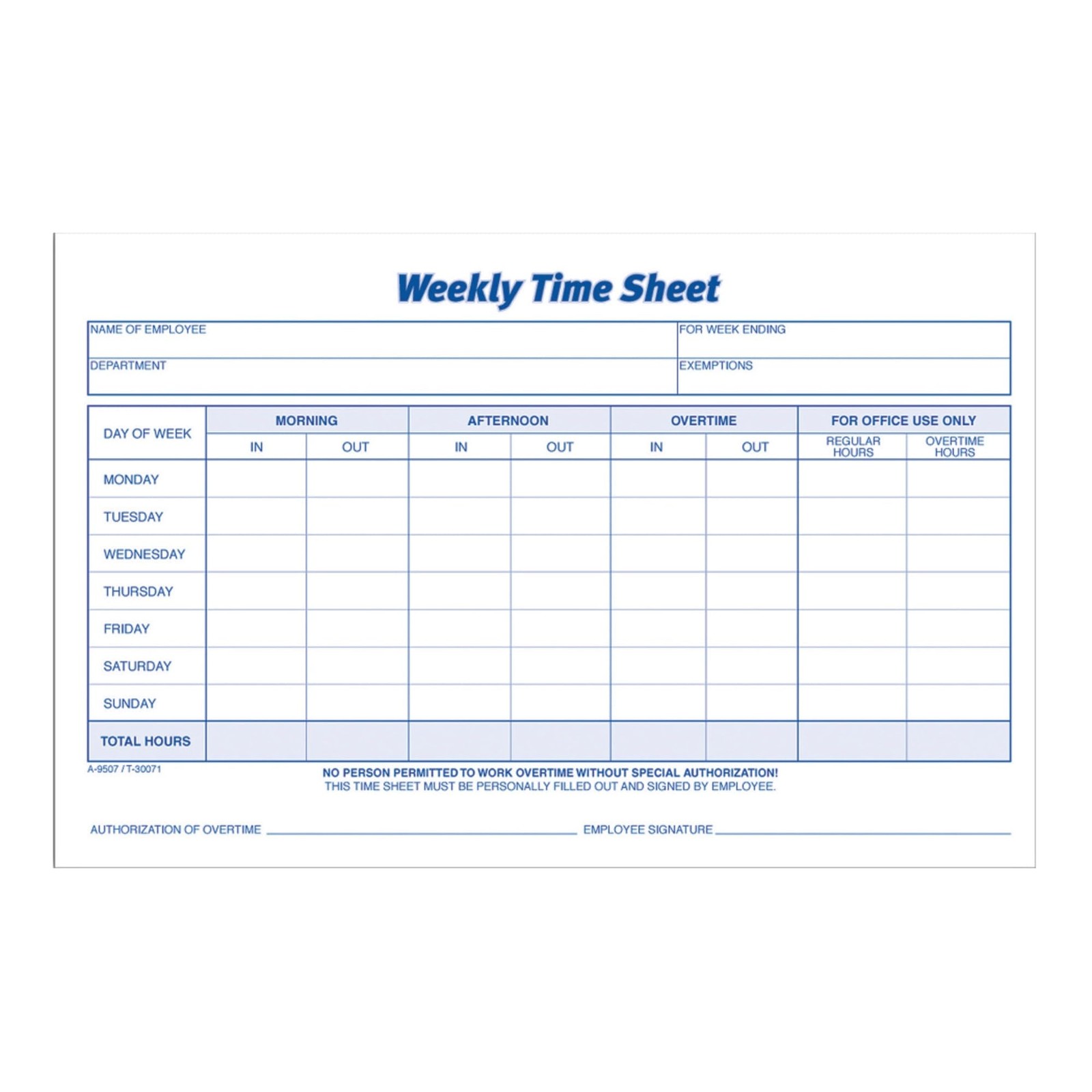 Adams Weekly Time Sheet, 1-Part, 5.5 x 8.5 2 Count (Pack of 1), Blue/White