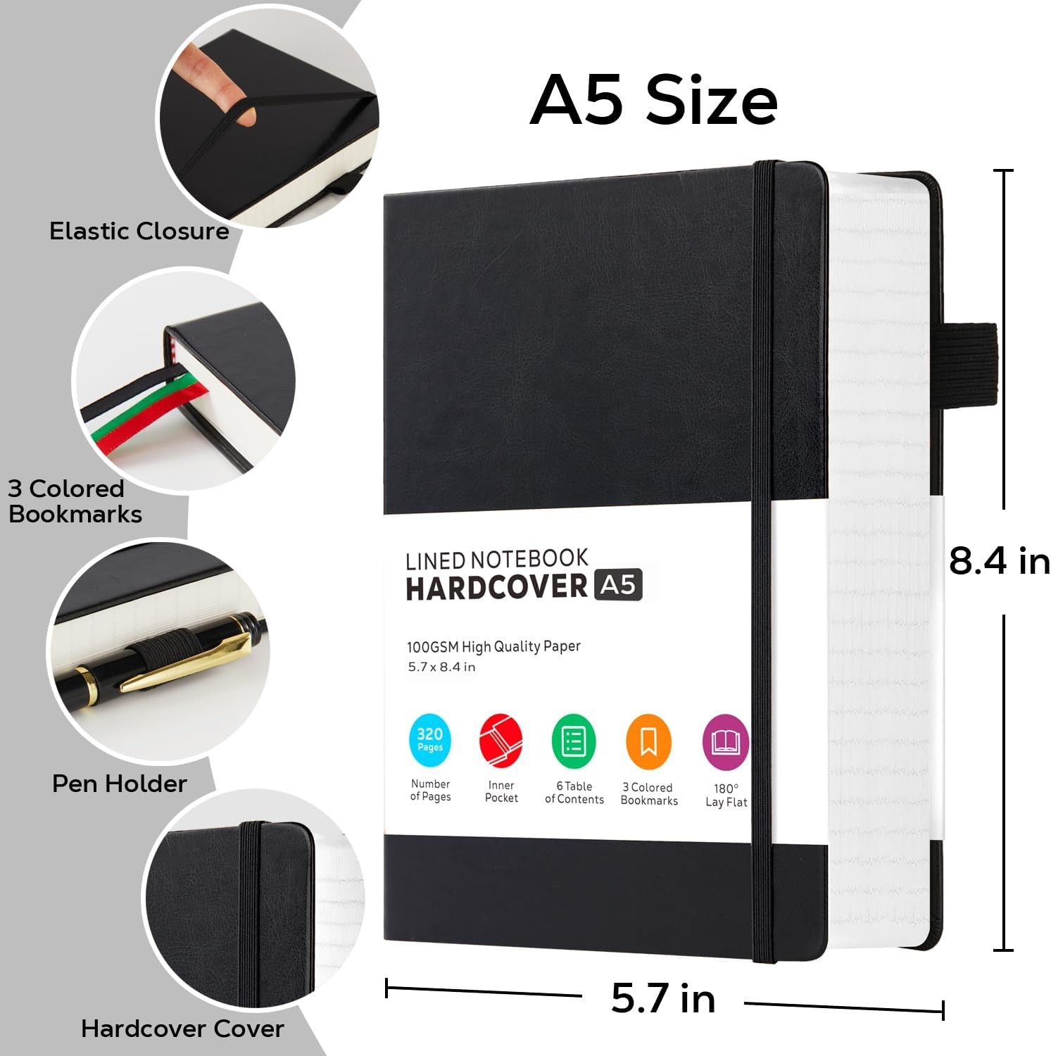 Hardcover Lined Notebook Journal for Writing, 320 Pages Leather A5, 2.Black