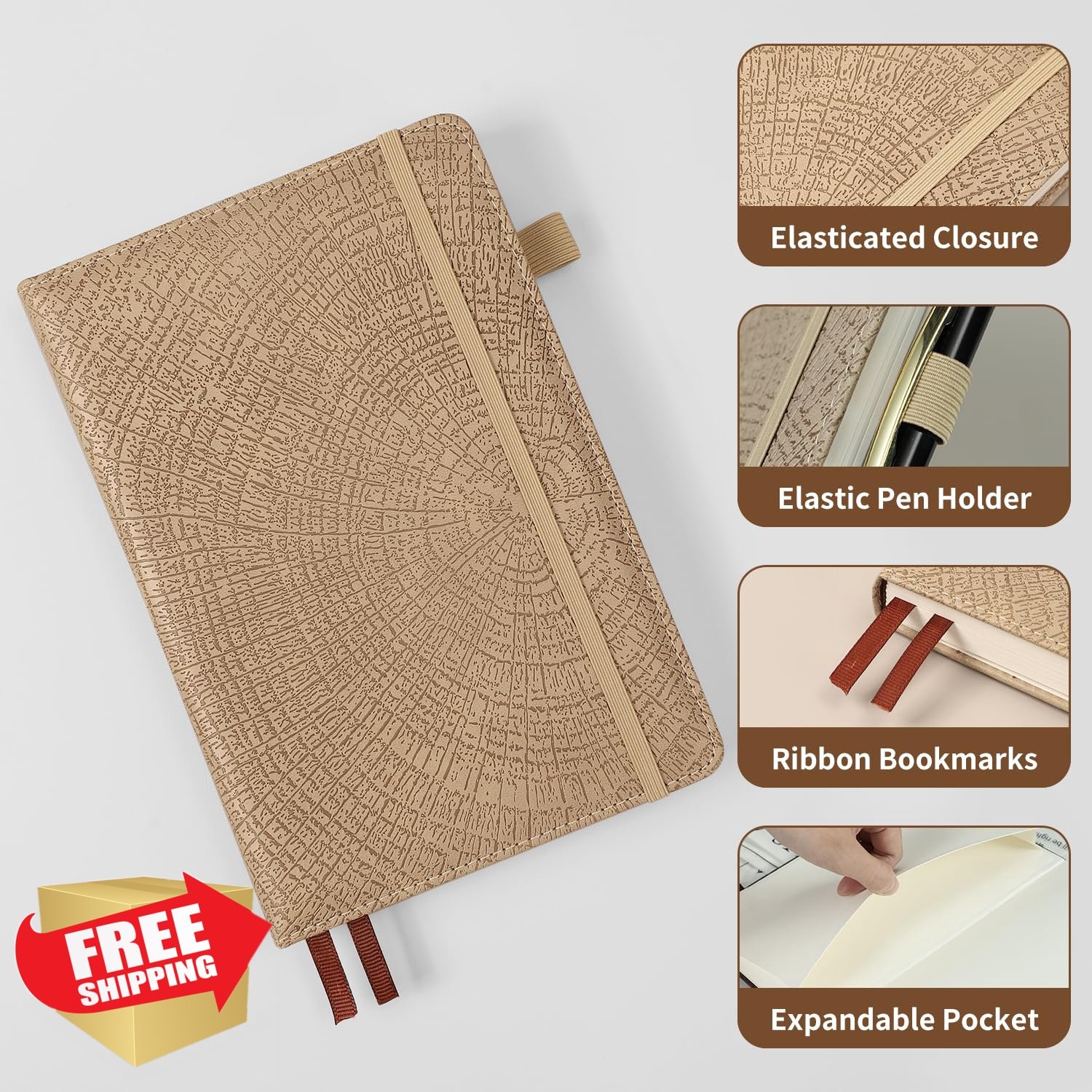 Graph Grid Paper A5 Journal, 256 Pg, Vintage Tree Leather Hardcover Khaki