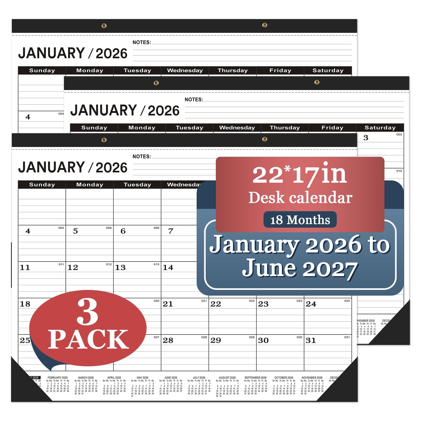 Desk Calendar 2026 Large 22 x17, 2026-2027-JAN-3PCS, Black