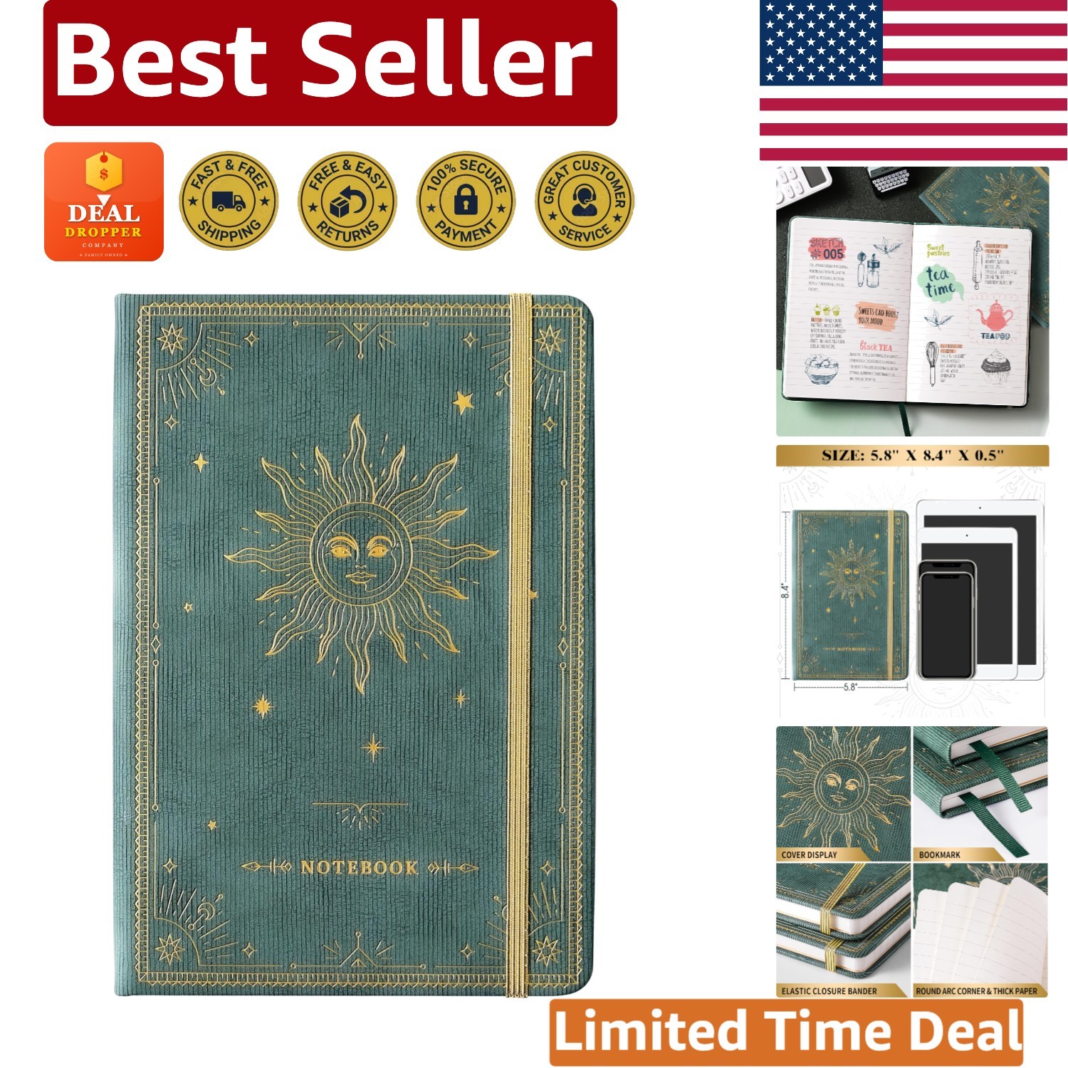Compact Writing Notebook with 144 Thick Ruled Pages & Expandable Pocket – Cyan