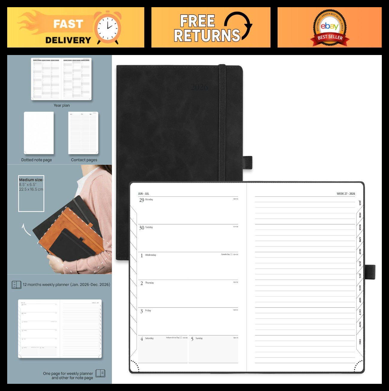 2026 Weekly Planner – Medium 6.5″ x 8.5″, Leather Soft Cover, Monthly Tabs, Thic