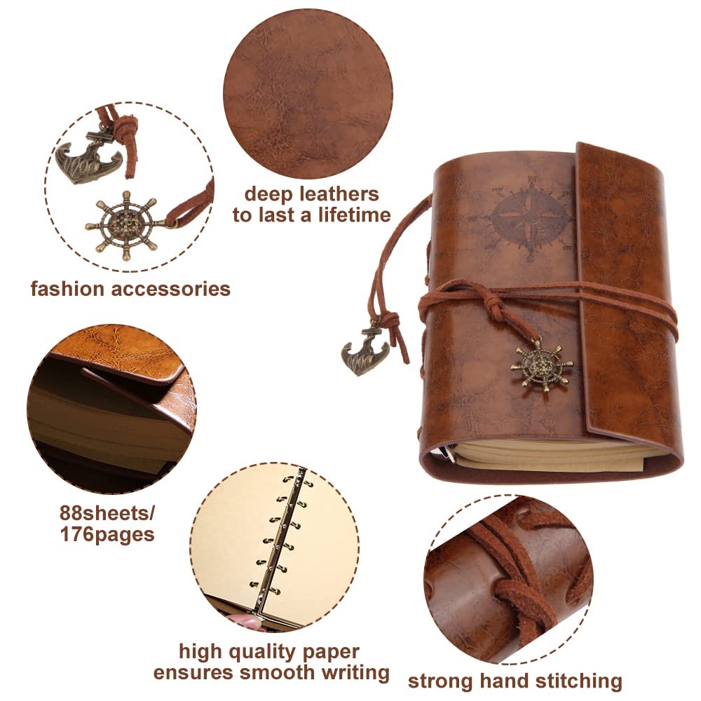Mtsooning Vintage Leather Journal, 88 Sheets/176 Pages, 5.12″x3.35″, Brown