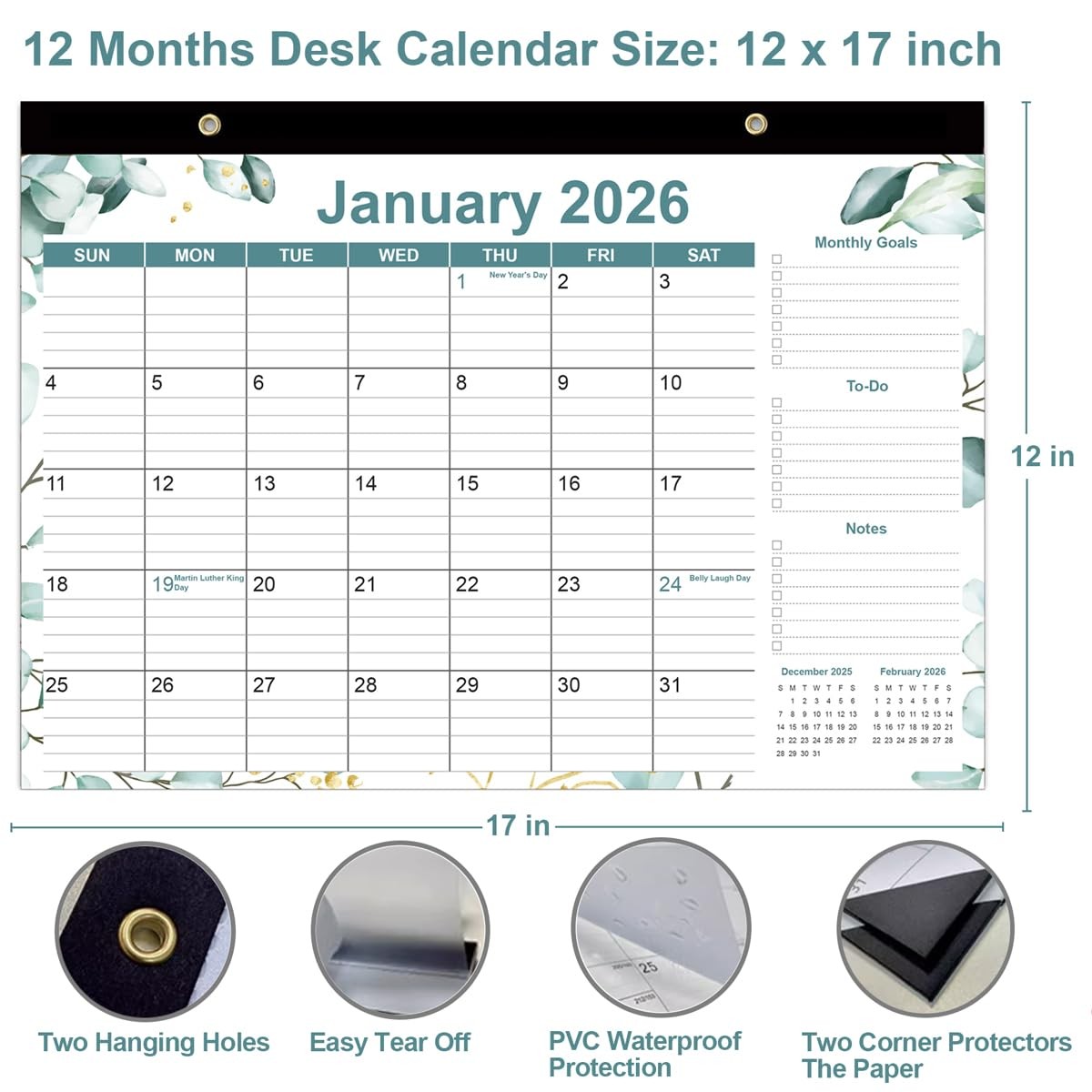 2026 Desk Calendar – 12 Months Calendars from January 17″ x 12″, Green Leaf