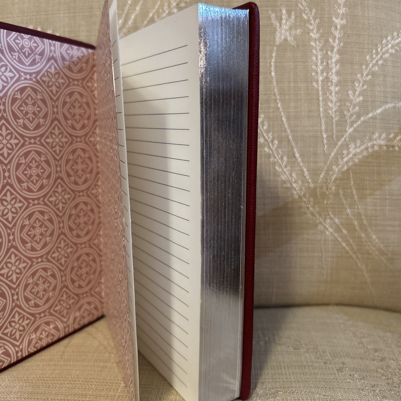 NEW Red Embossed Leather Lined Journal 6 x 9” Fleur-de-lis, Silver Edged Pages