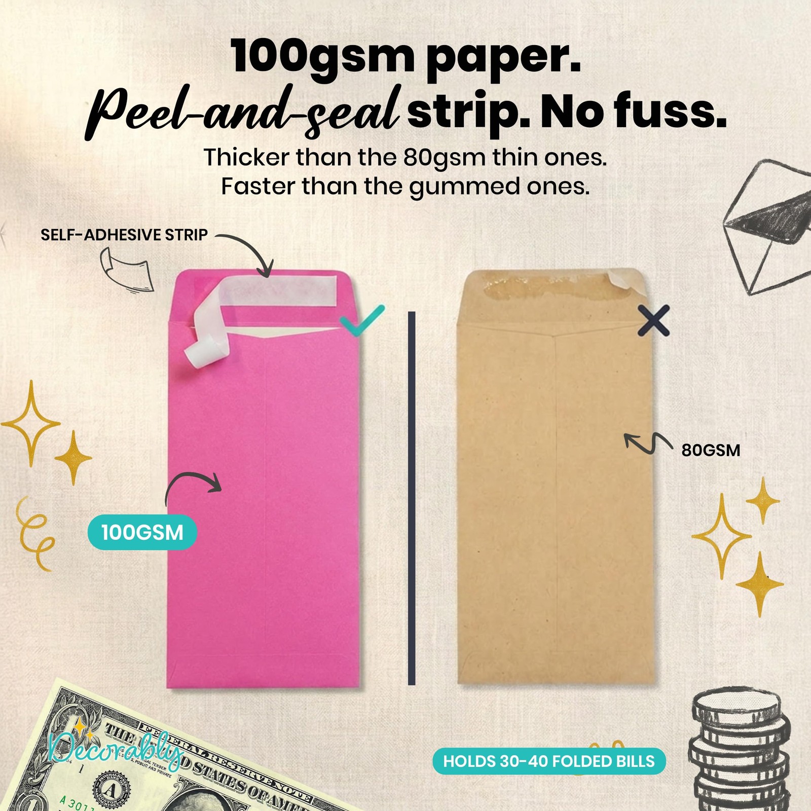110 Pack Colorful Money Envelopes 6.5 x 3.5in Self-Adhesive Thick 100GSM Cash
