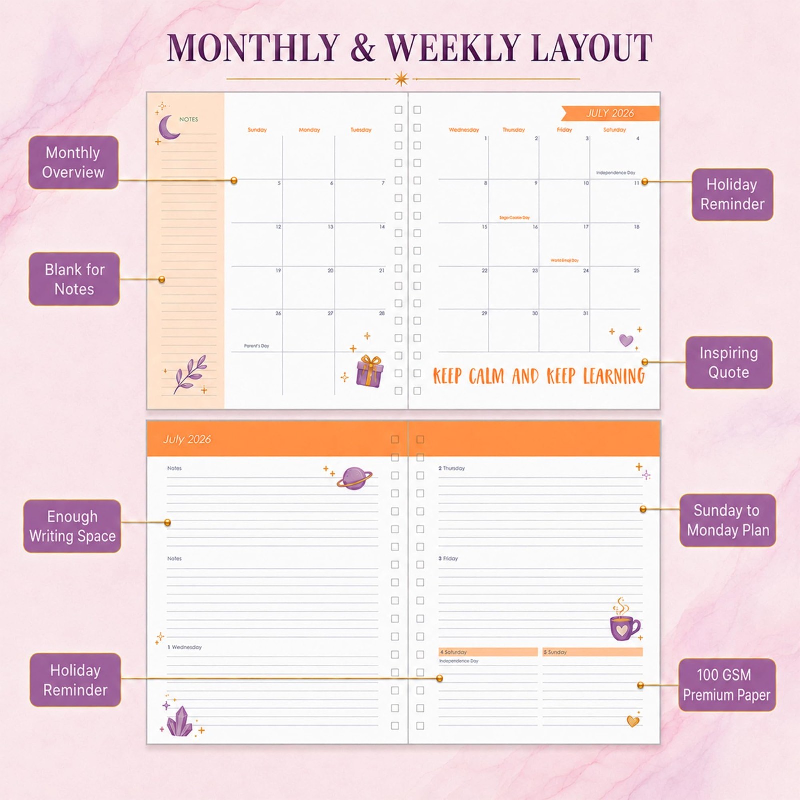 2026-2027 Planner – 18 Month Weekly & Monthly Calendar, Spiral Bound, Purple Mar