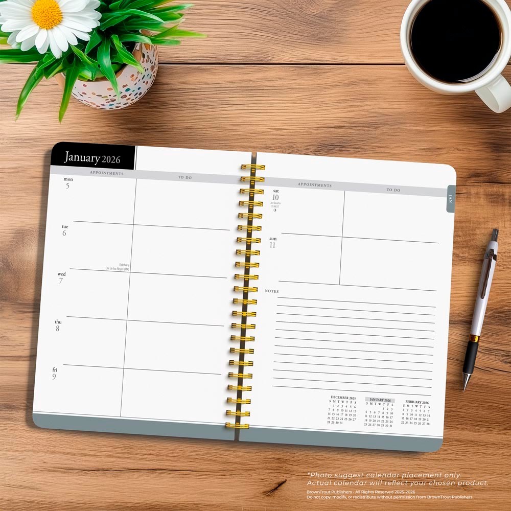 Black Solid | 2026 6×7.75 Inch Weekly Desk Planner | Foil Stamped Cover