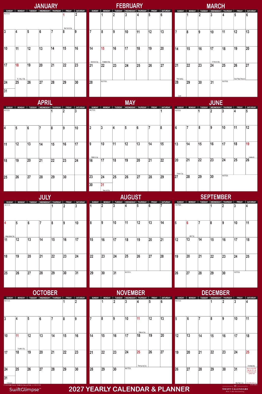 32″ x 48″ SwiftGlimpse 2024 Wall Calendar Erasable Yearly Wall Planner – Maroon