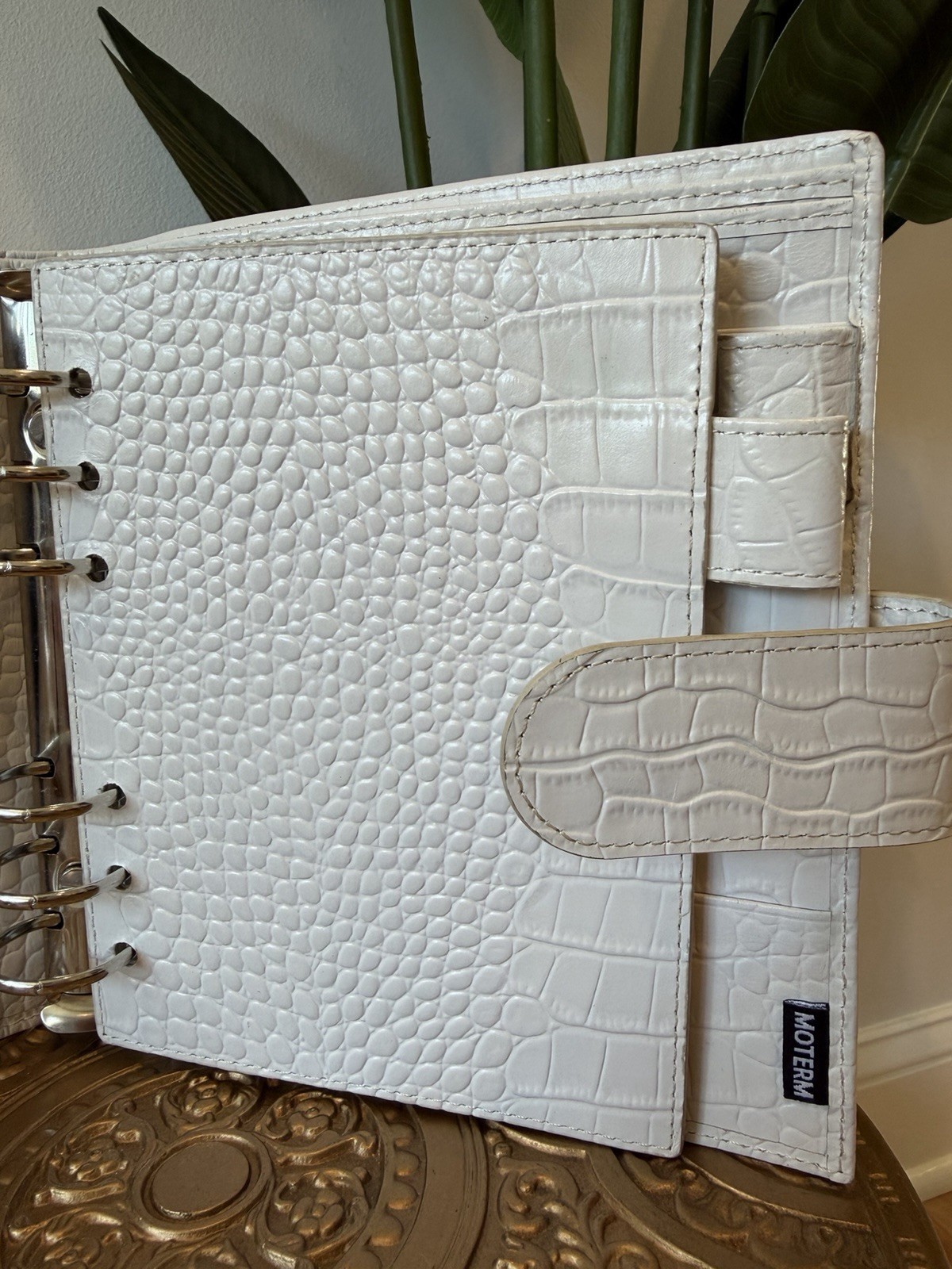 Moterm A7 30mm Ring Cream Leather Planner Croc Embossed Wallet Organizer EUC