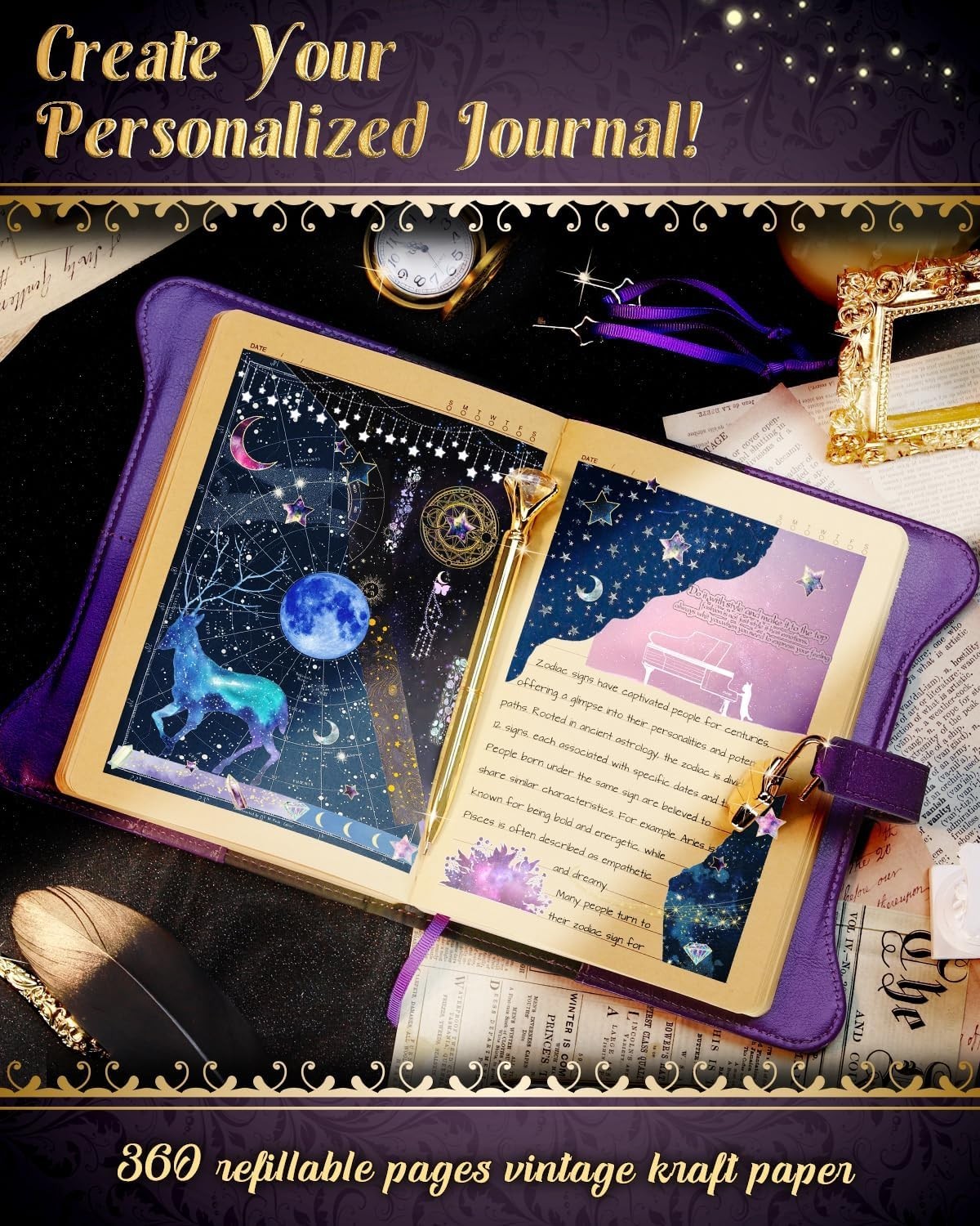 Enchanting Gold-Foiled Constellation Journal for Women – 360 Refillable Pages