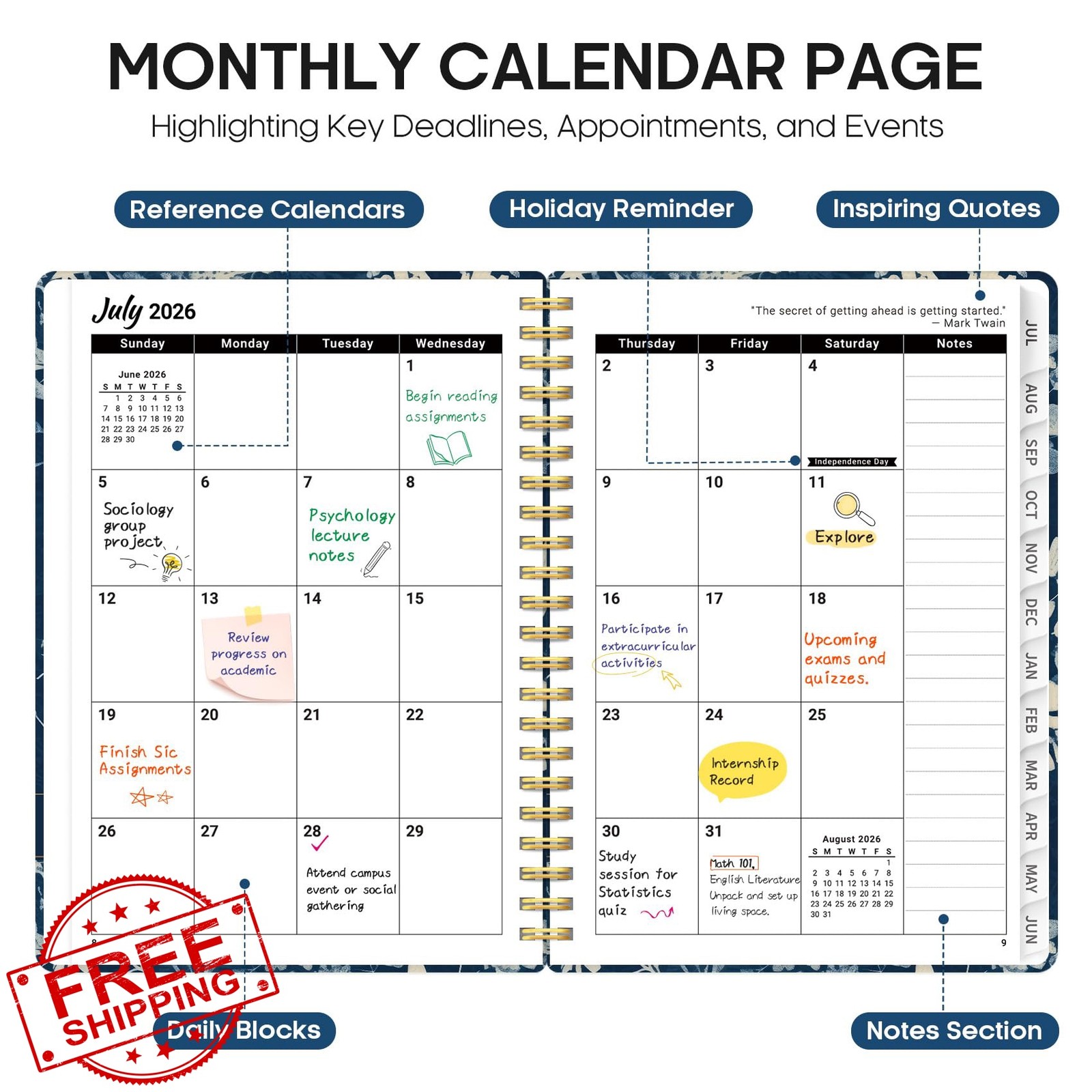 Planner 2026–2027, Academic Year Monthly and Weekly Calendar Book, Jul 2026–J…
