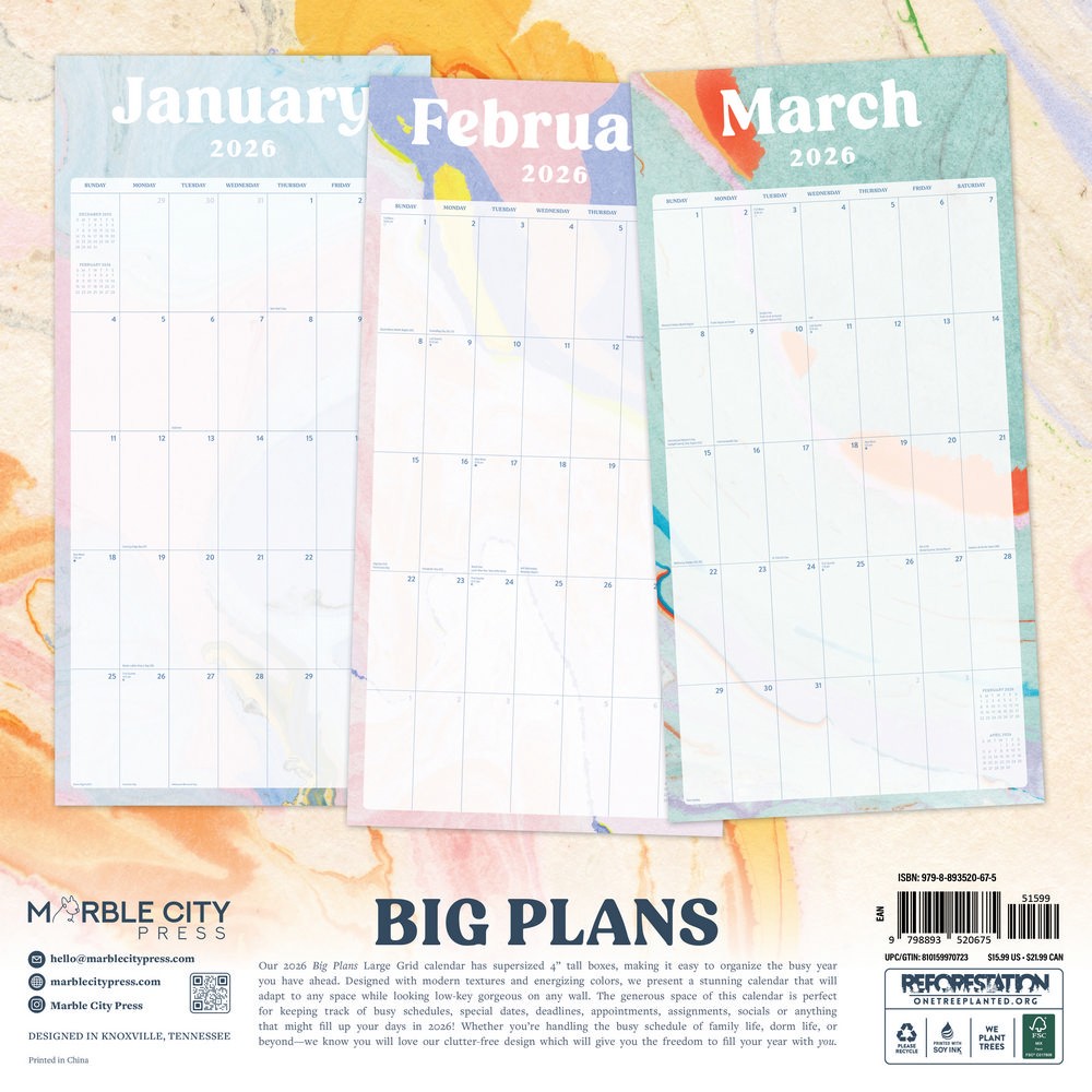 Large Grid Calendar 2026 | 12″ x 24″ 12 Month Calendar | Marble City Press