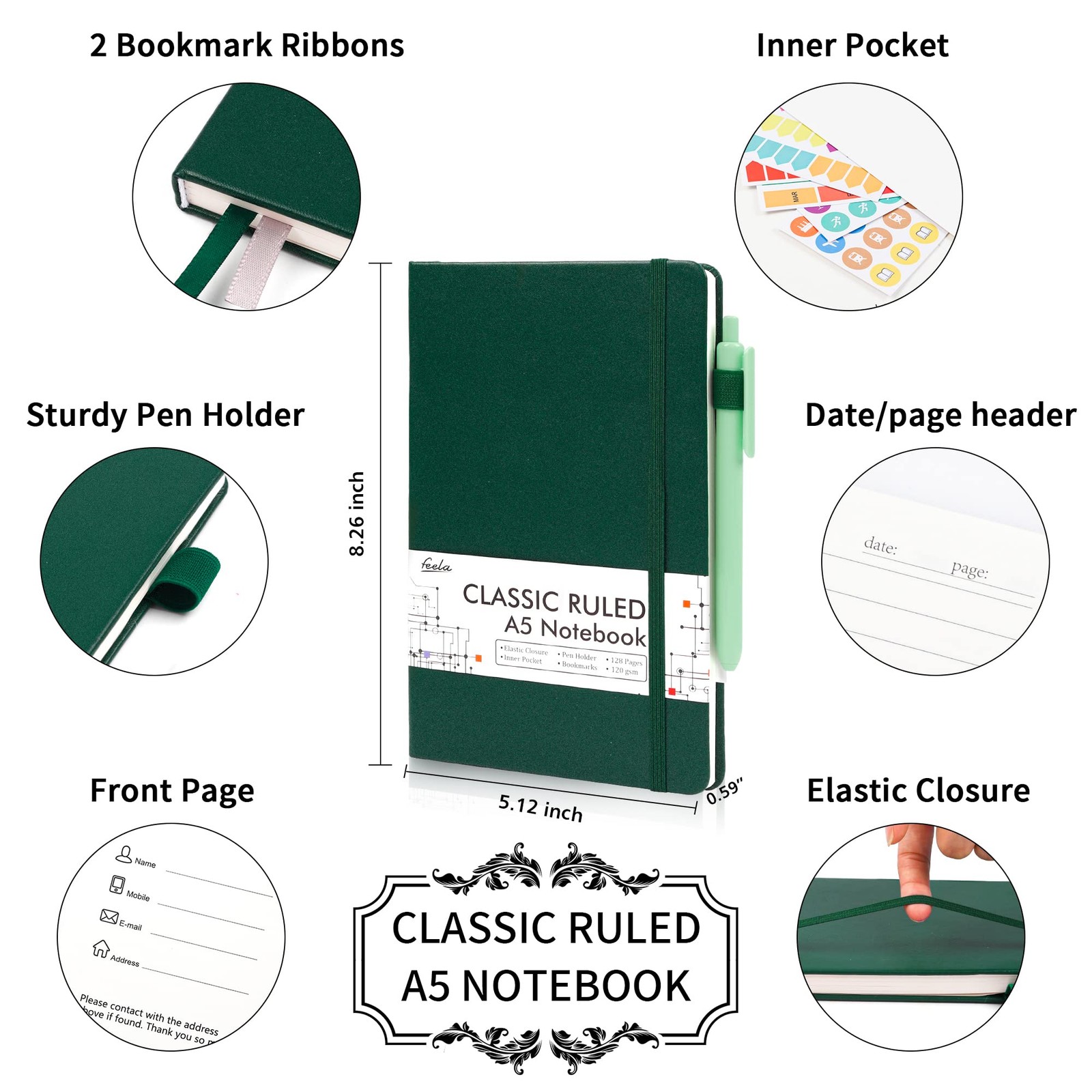 feela 3 Pack Notebooks Journals Bulk with 3 Black Pens, A5 Hardcover Notebook Cl