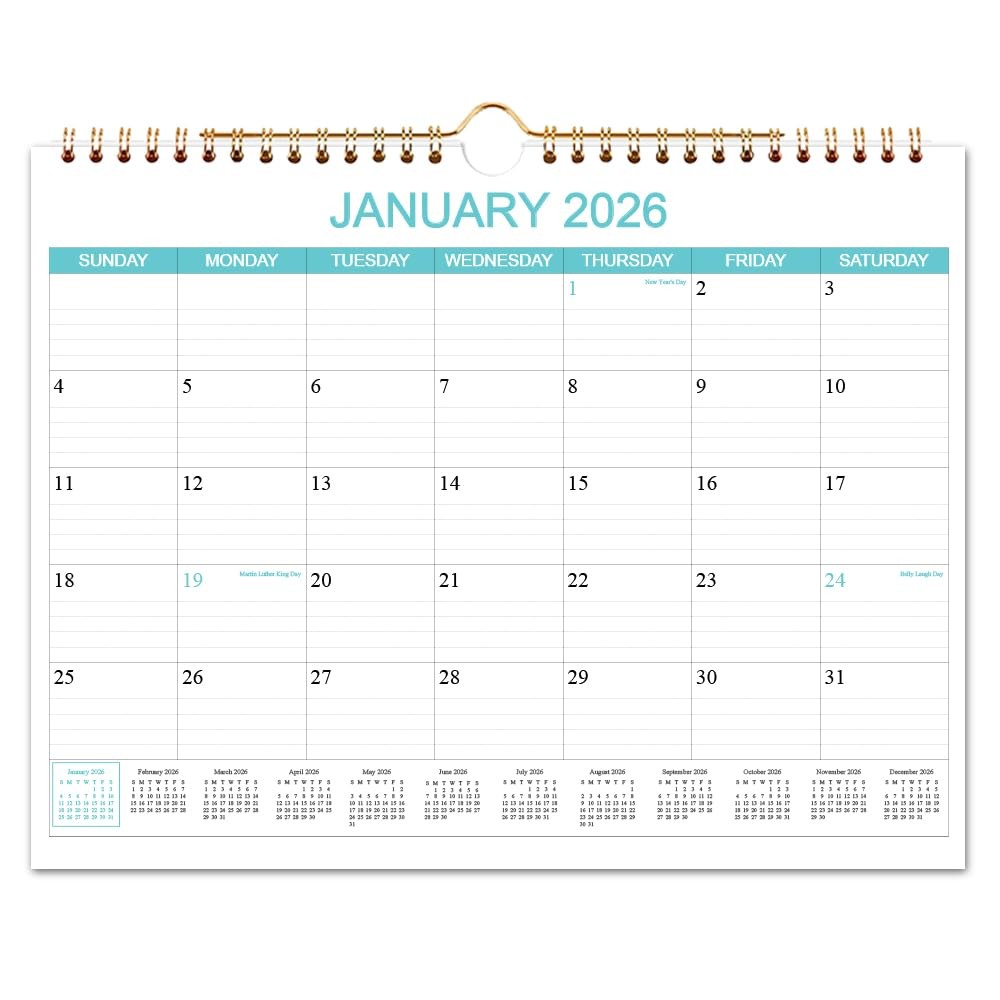 Calendar 2026-2027 – Wall Runs Apr 2026 14.5″ x 11.5″ Teal, Holiday