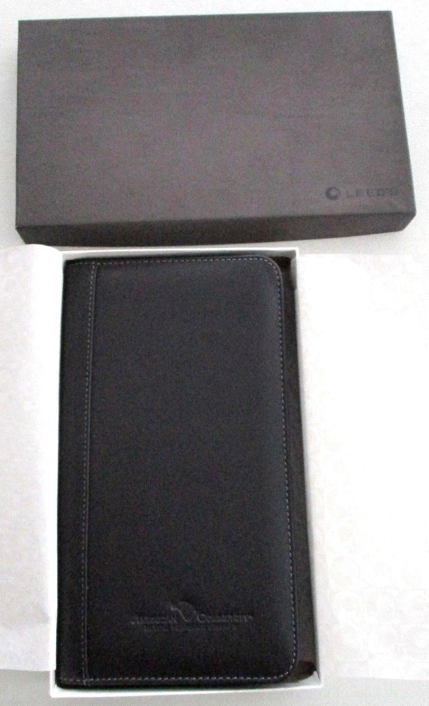 NEW BOX Black LEEDS Genuine Leather ZIP-AROUND WALLET ORGANIZER Logo Embossed