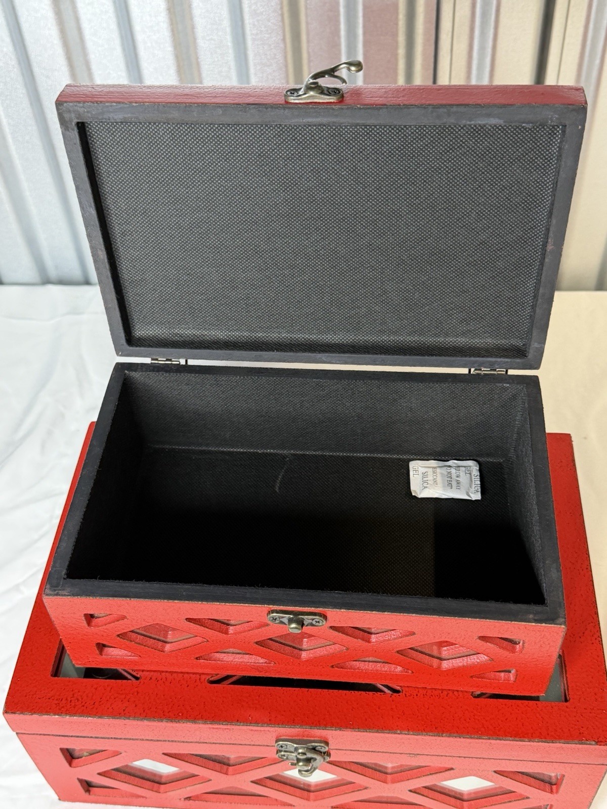 Set of Two Red Mirrored Glass And Solid Wood Box With Lid