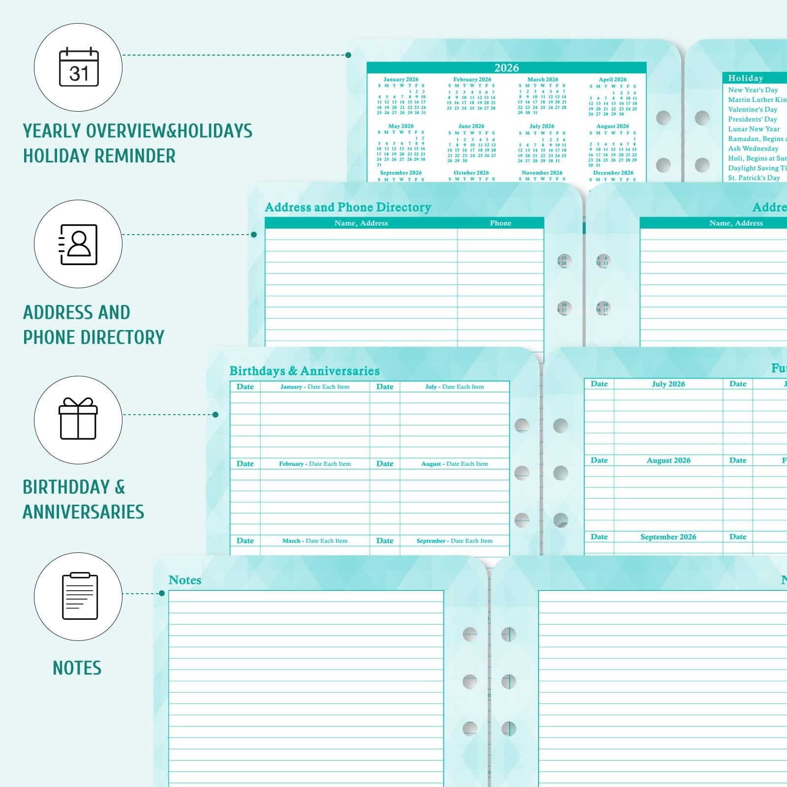 2026-2027 Daily Weekly Monthly Planner Refills, 7-Hole Inserts, Colorful Tabs, 5