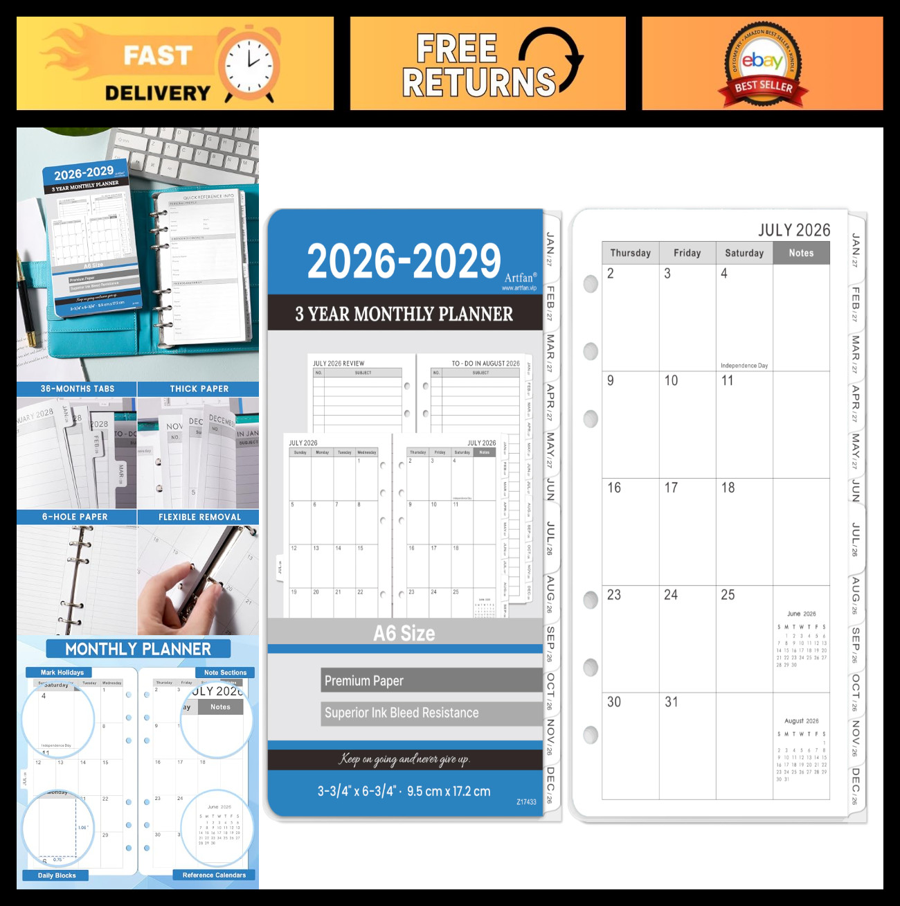 A6 Planner Refills 2026-2029 – 3-Year Monthly Inserts with Tabs, 6-Hole Punched