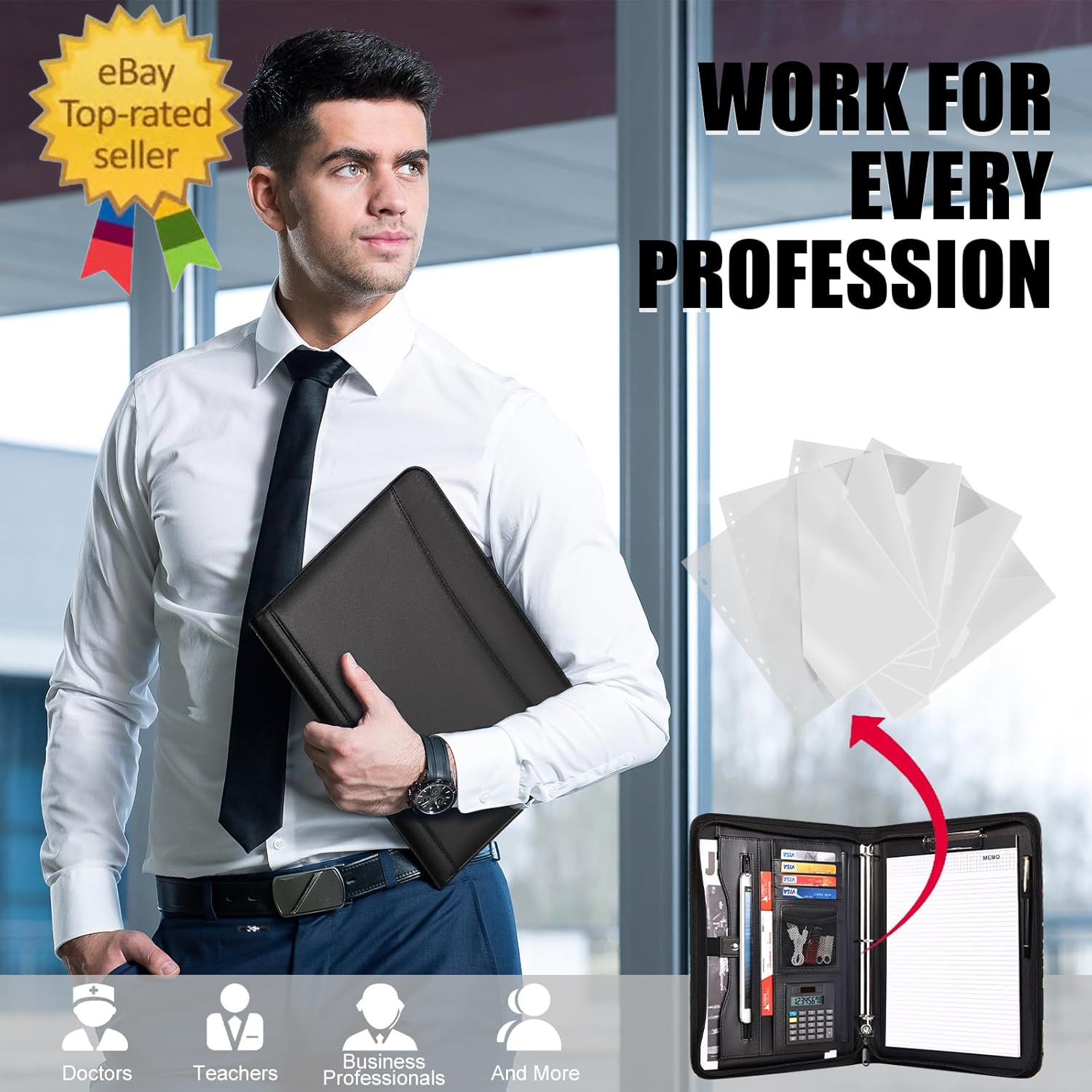 Portfolio Organizer – 3 Ring Binder with Zipper, Vegan Leather Business Padfolio