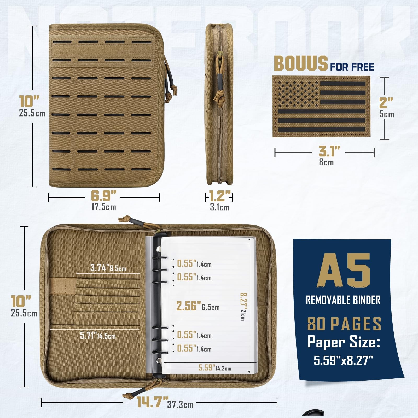 Pitozer All-in-One Tactical Notebook Padfolio A5+(7.3 x 10 Inches), Khaki