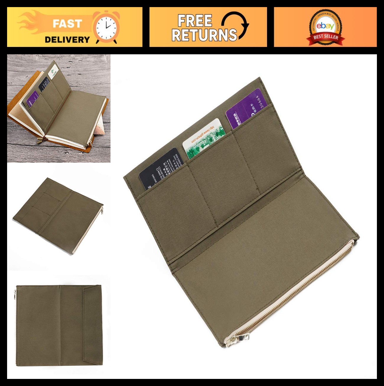 Canvas Zipper Pocket for Traveler’s Notebook – 1 Insert Pouch Refill, Olive Gree