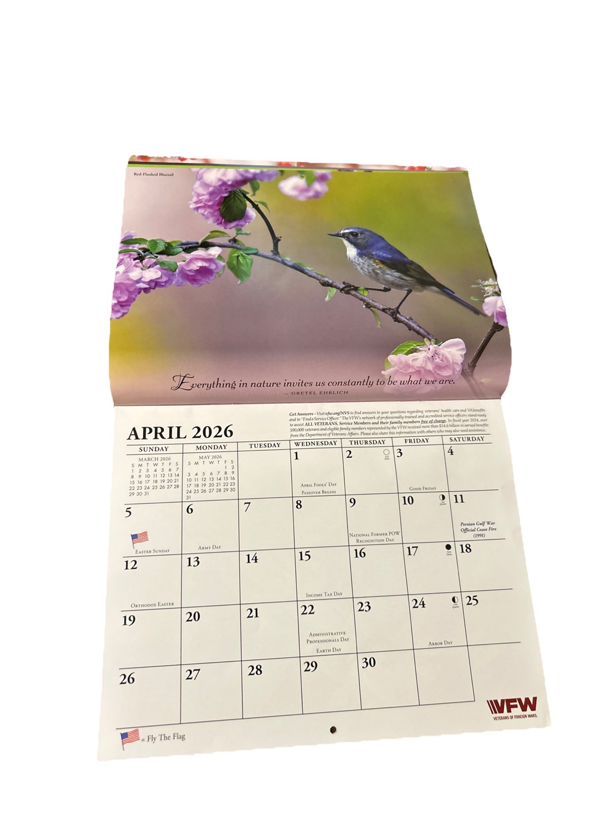 VFW Veterans of Foreign Wars Birds Nature Flowers 12 Month 2026 Wall Calendar