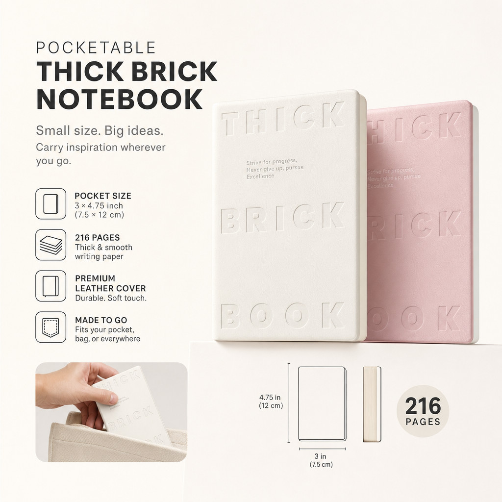 Pocketable Thick Brick Notebook. leader cover .3 x 4.75 inch (7.5 x 12 cm) 216P.