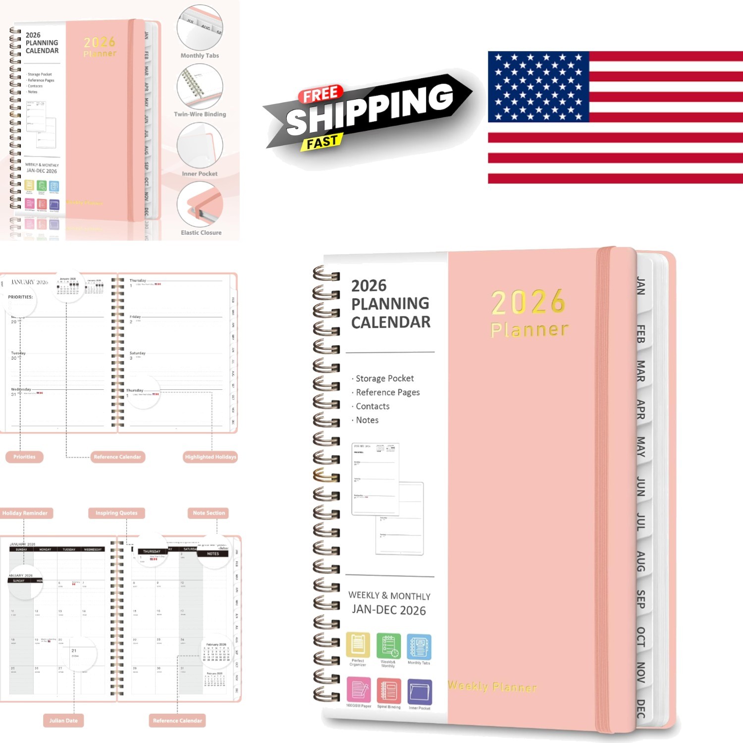 Weekly Monthly Calendar Planner 2026 A5 6.3 x 8.5 Pink with Elastic Closure
