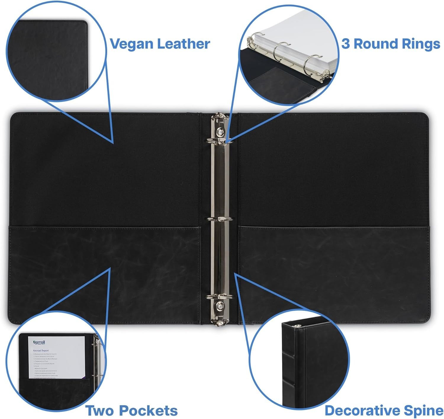 Professional Faux Leather Binder, 3-Ring Organizer, Black, Letter Size 8.5×11
