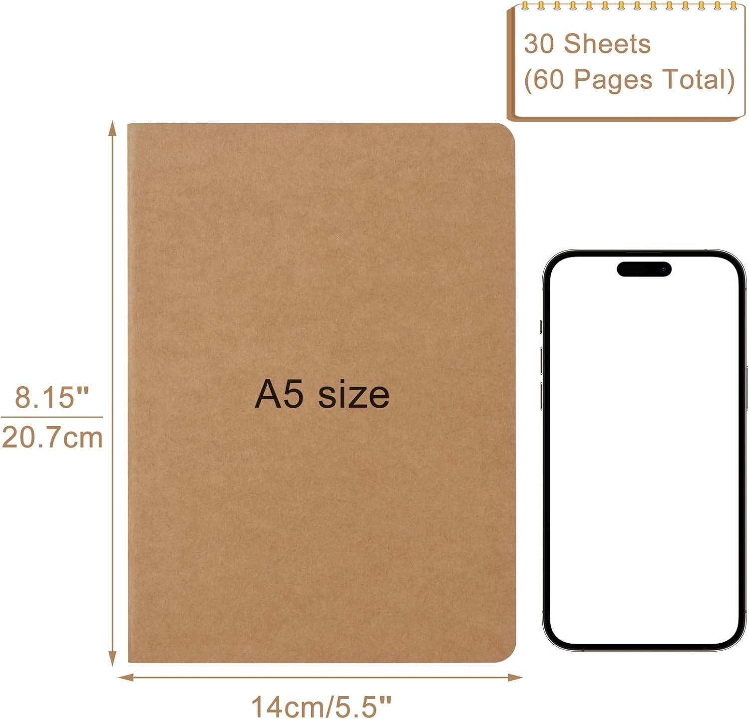 5 Pack A5 Kraft Notebooks Bulk, 8.15×5.5 Inches Lined Paper Journaling Notebooks