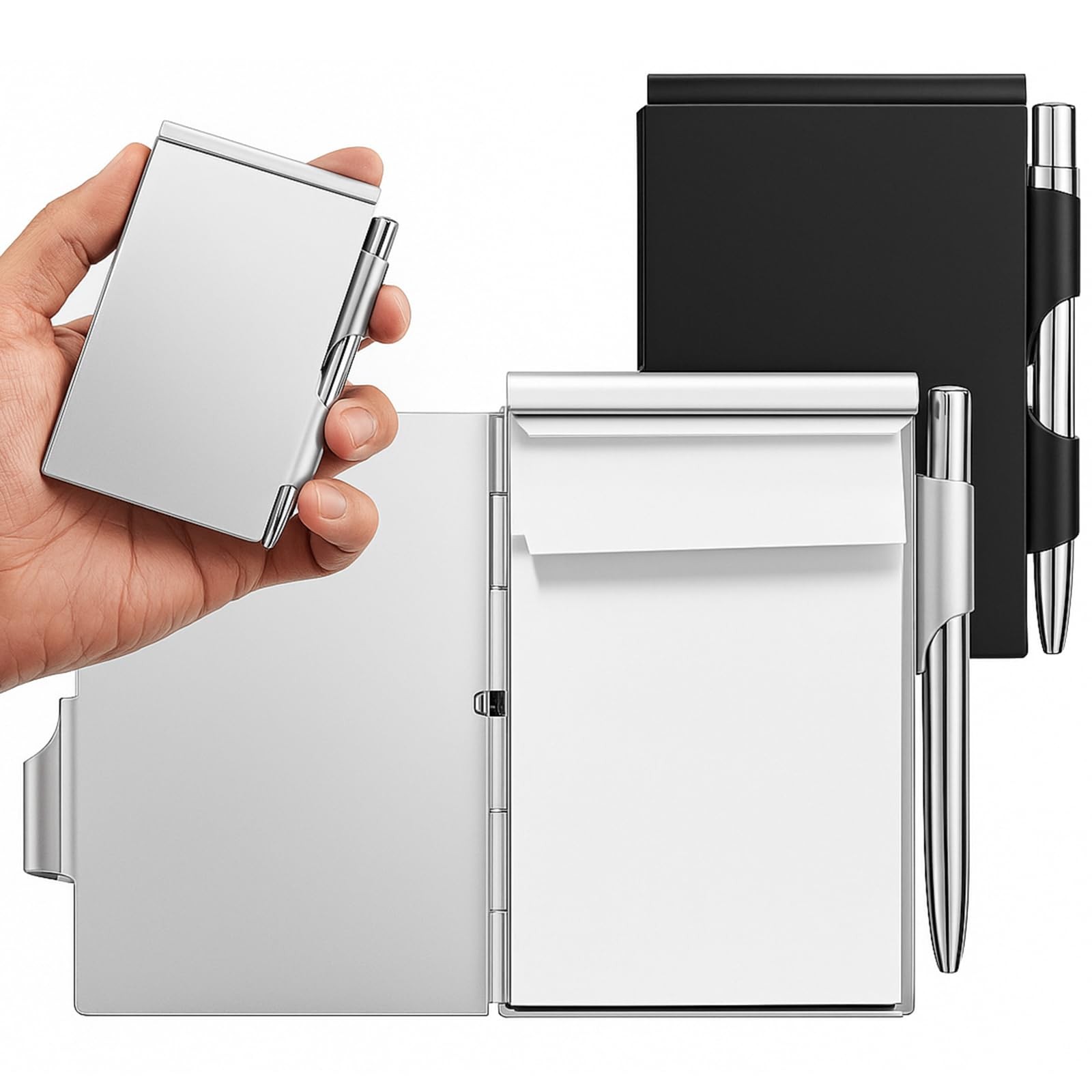 2 Pieces Metal Pocket Notebook with Pen and Refillable Paper, Black, Silver