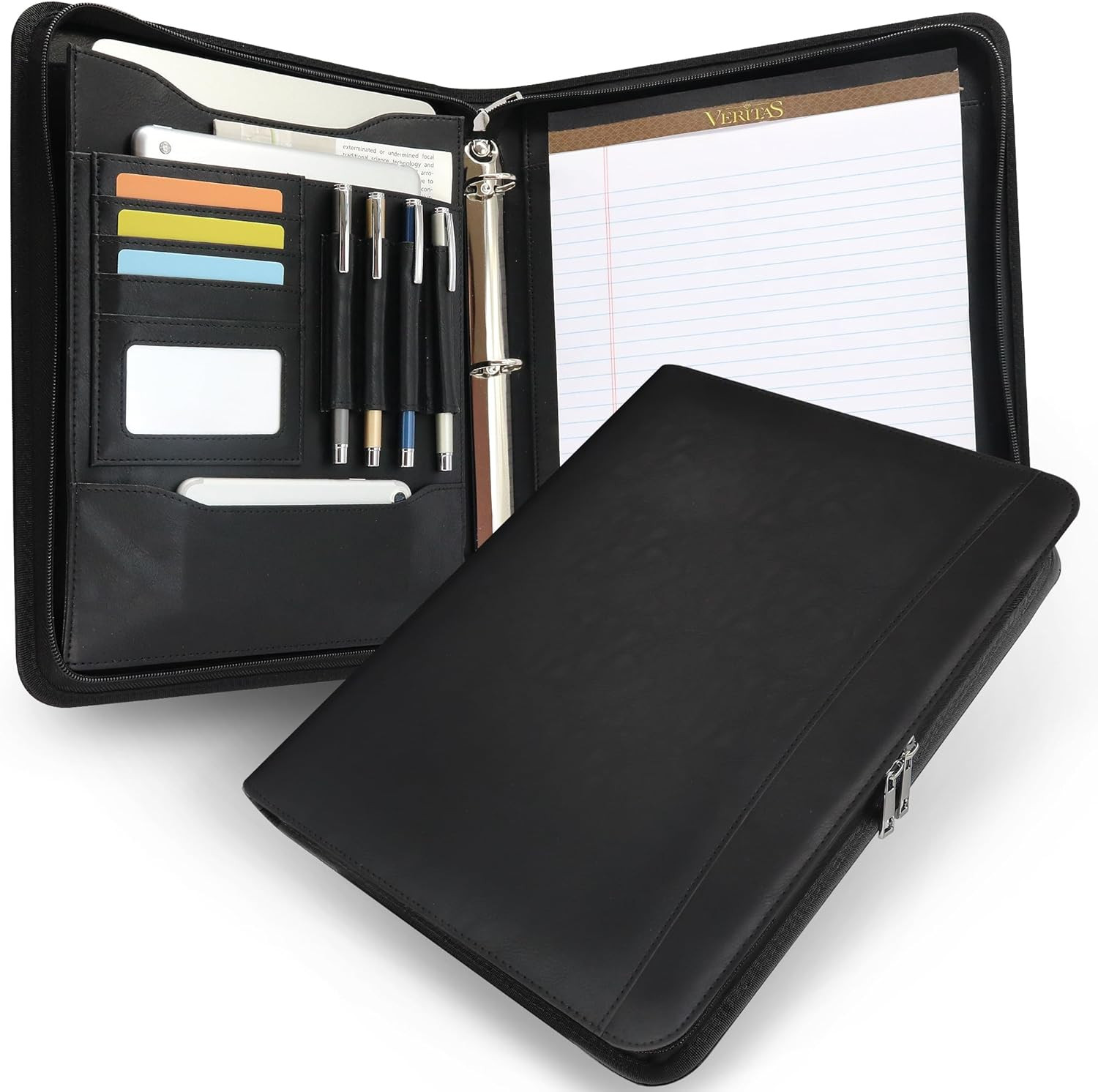 Padfolio Cuero Con Cierre 3 Anillas Organizador Ejecutivo Para Laptop Tablet
