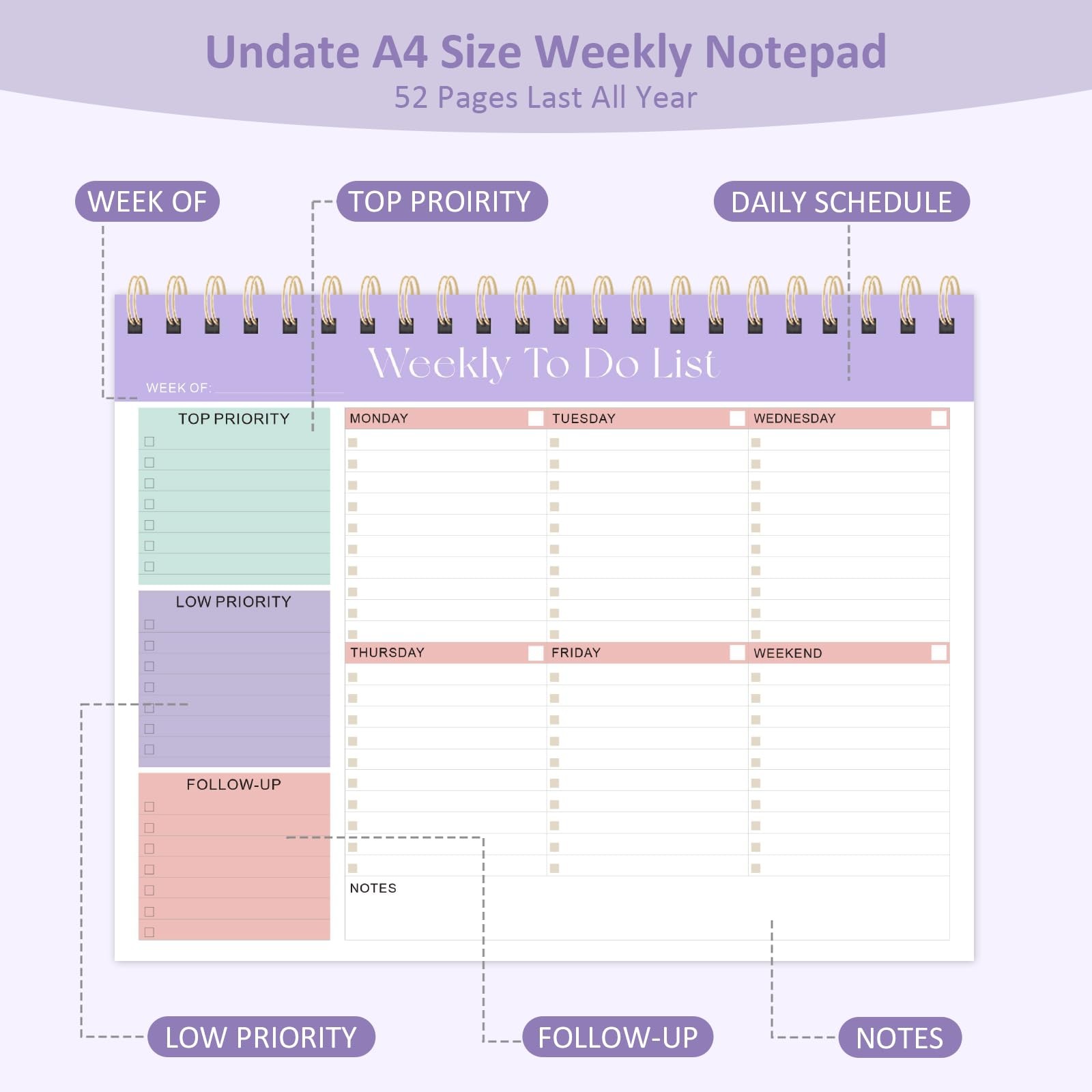 Weekly To Do List Notepad, 52 Undated Sheets Letter (8.5 x 11 inches), Purple