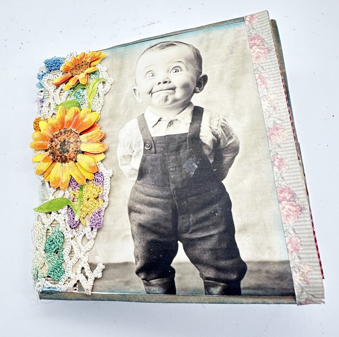 Junk Journal Young Boy Orange Yellow Flowers 6×5 Inches With Coffee Dyed Paper