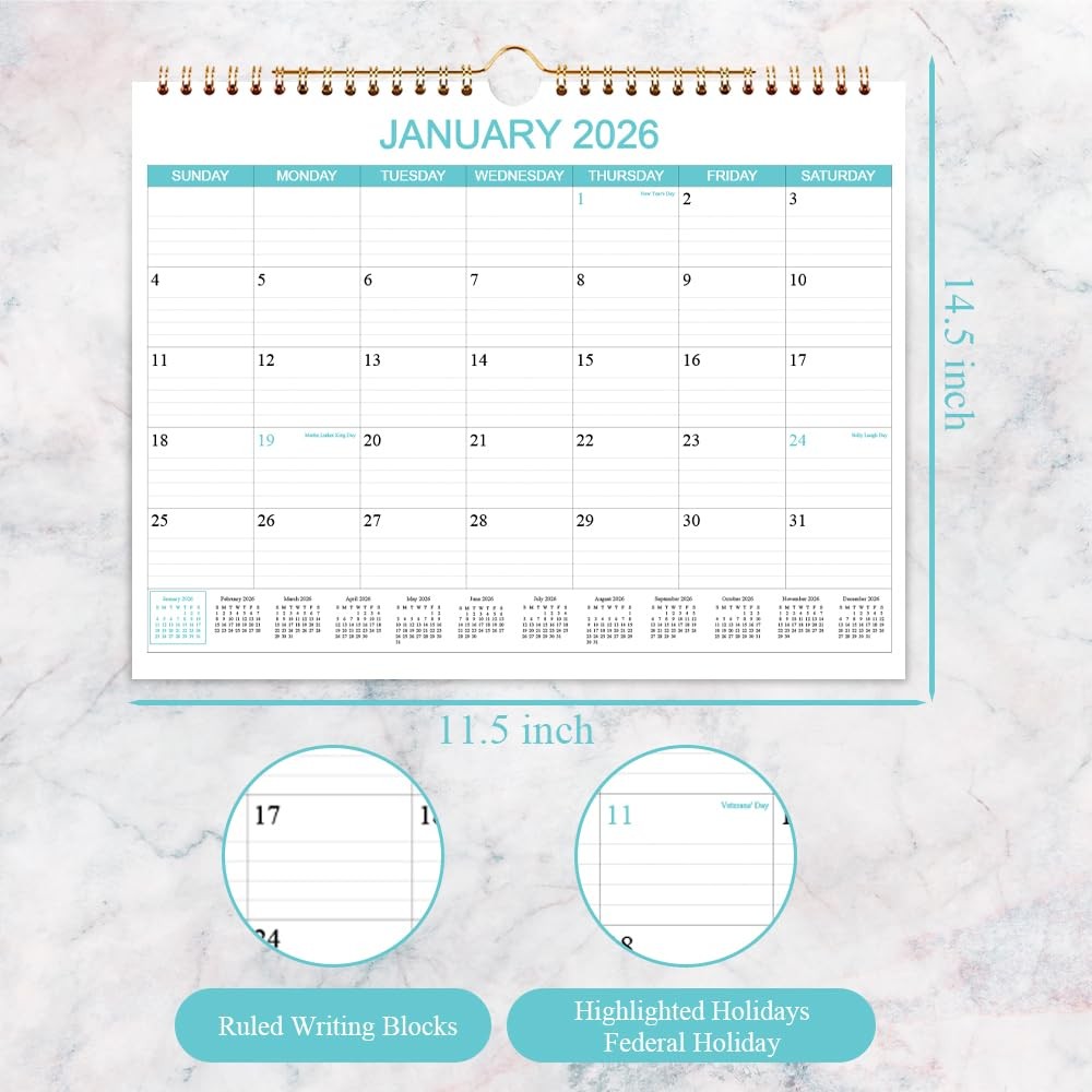 Calendar 2026-2027 – Wall Runs Apr 2026 14.5″ x 11.5″ Teal, Holiday