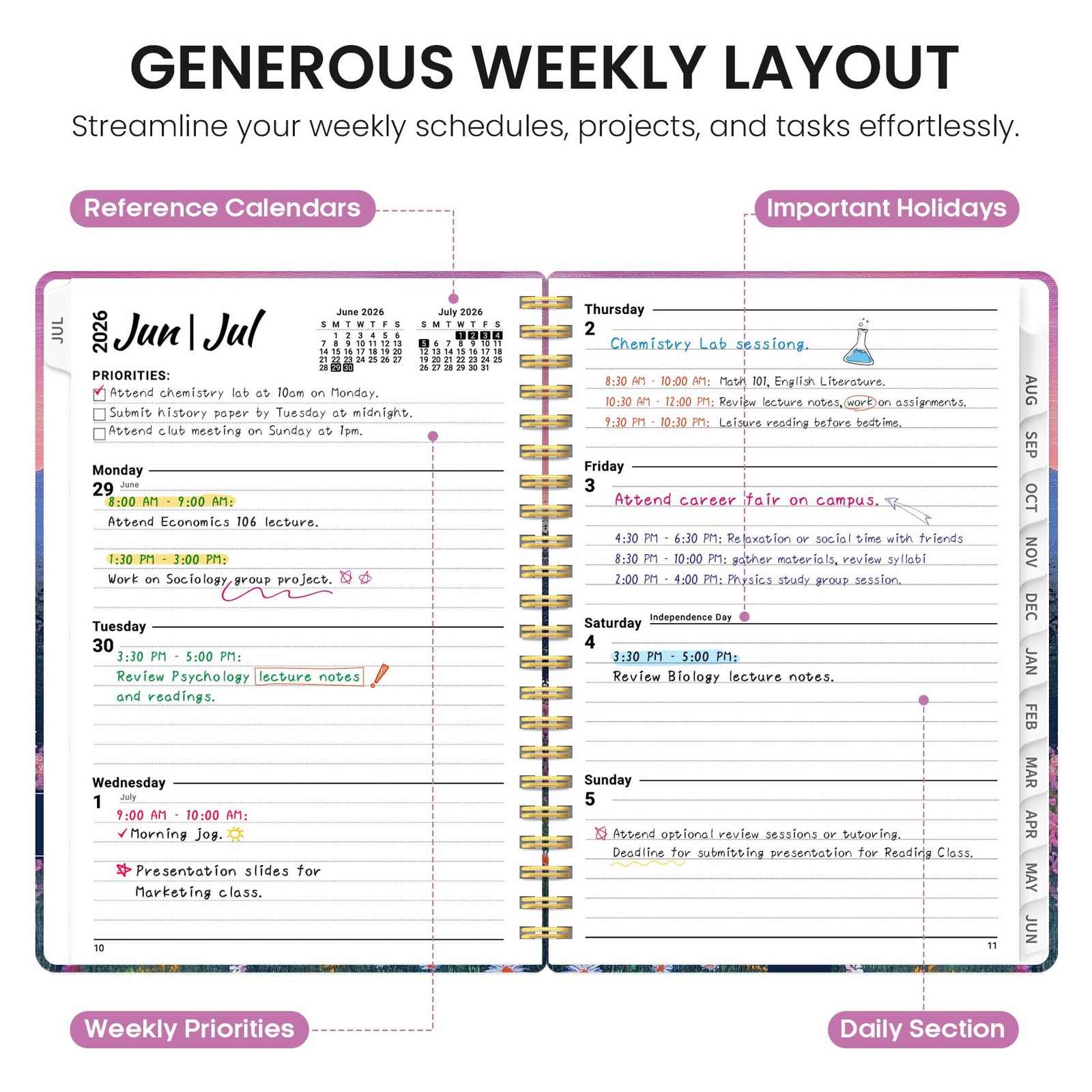 Planner 2026–2027, Academic Monthly Weekly (6.3″x8.5″)a5, A-Twilight Bloom