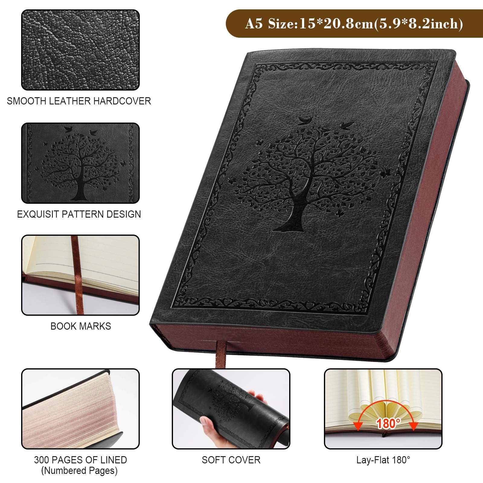 Fetinar Leather Journal Notebook,300 Pages Hope Tree Of Life_black