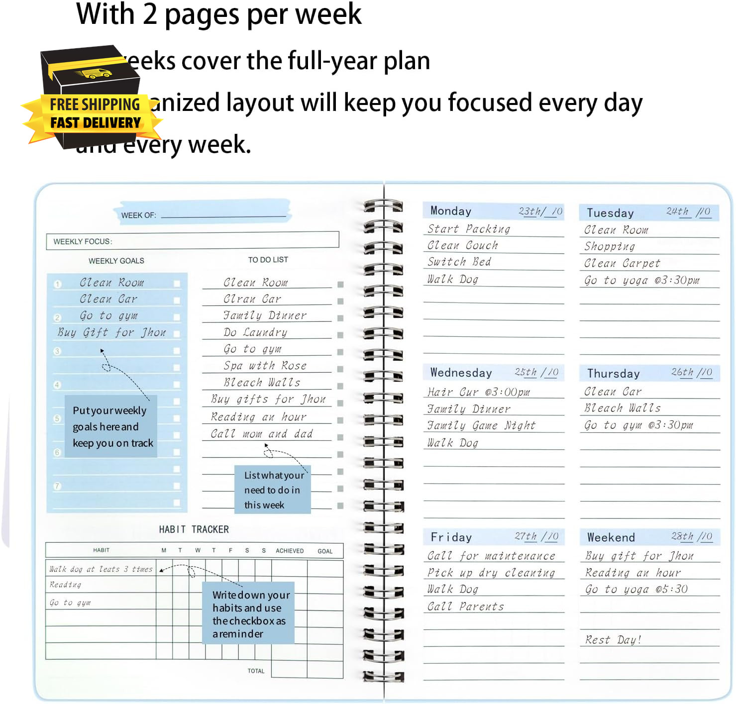 2026 Weekly Monthly Planner with Habit Tracker, A5 Spiral Notebook, Daily To-Do