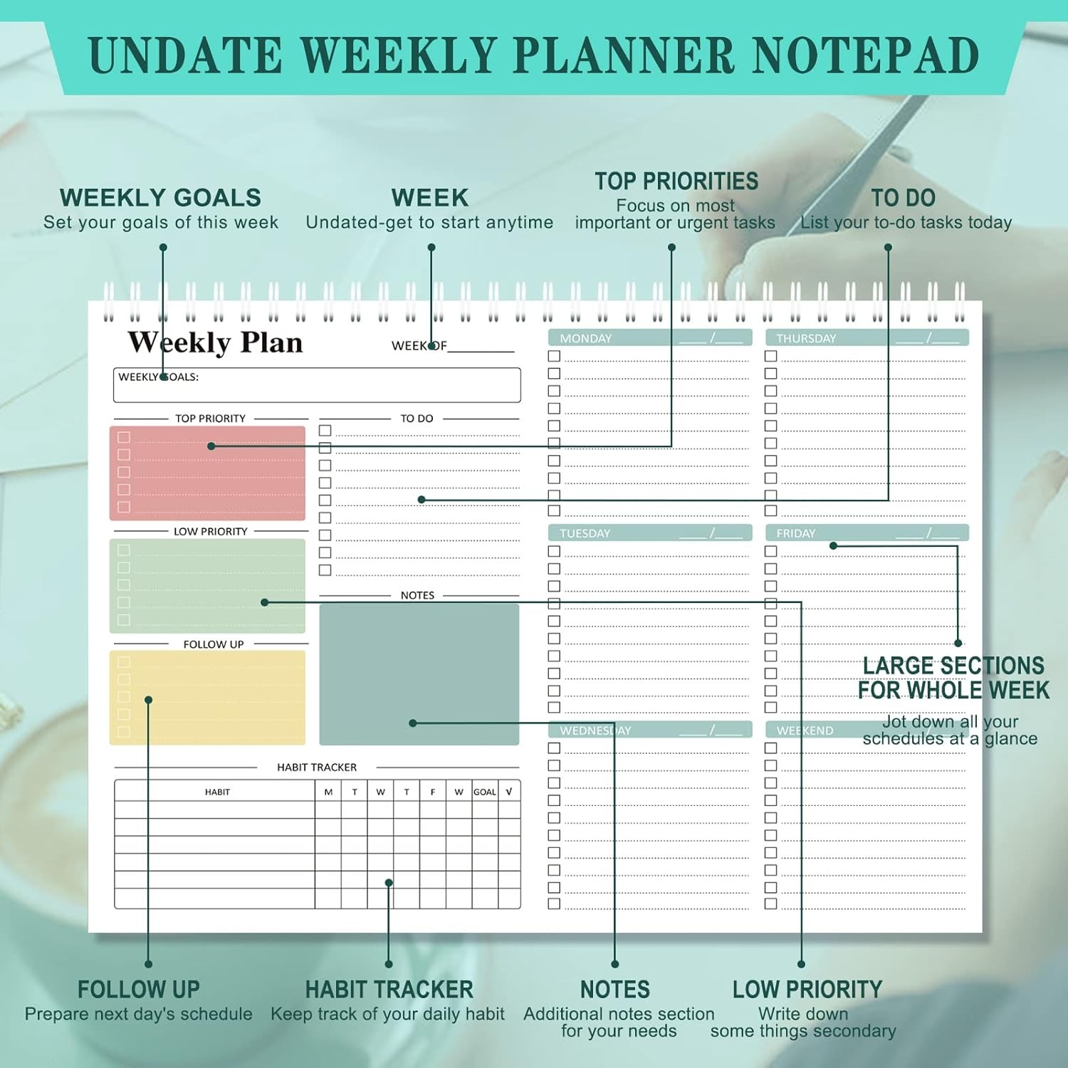 Ymumuda Weekly To Do List Notepad – Daily To Do List Undated 52 – Week Sheets, 8