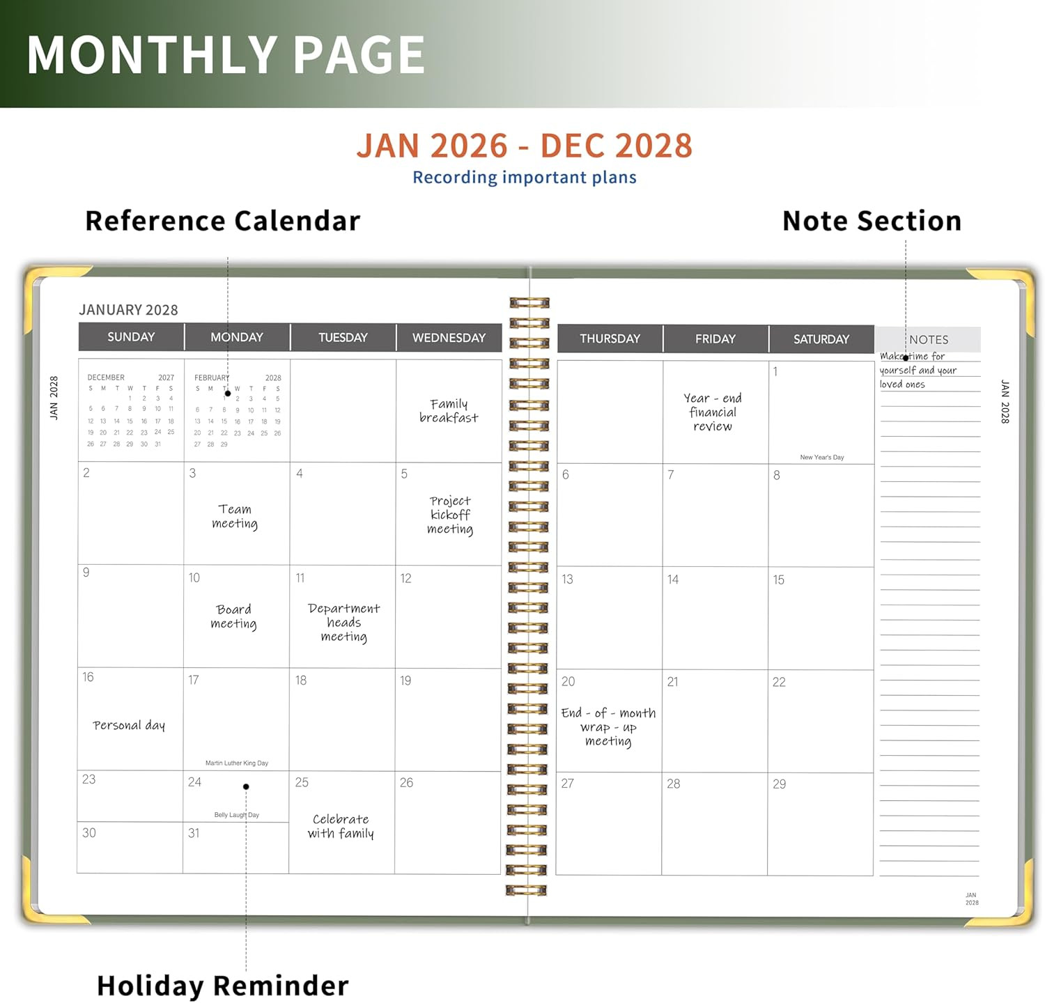 Monthly Planner 2026-2028 Hard Cover with Metal Corner 3 Year Calendar 2026-2027