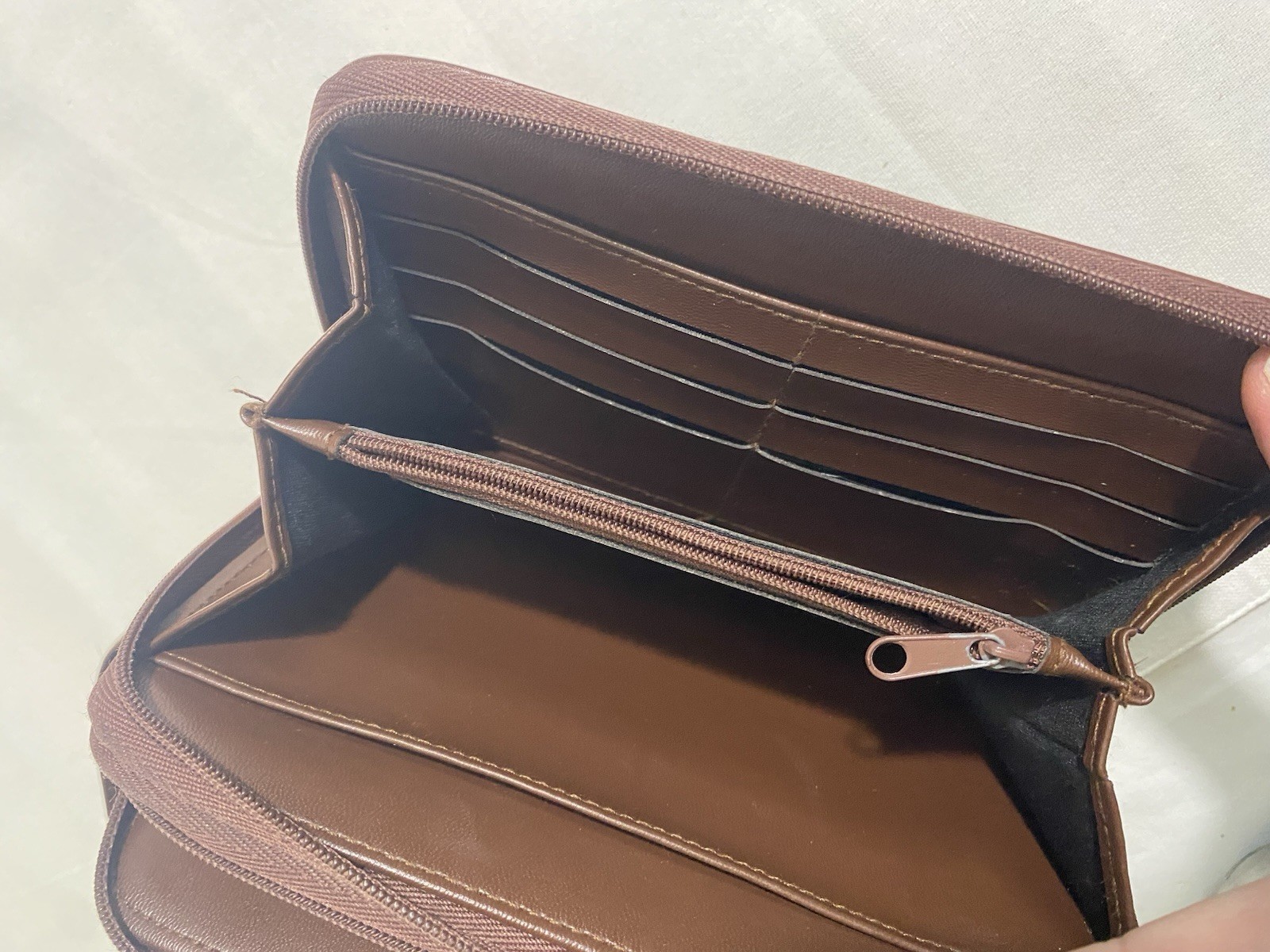Brown Faux Leather Zip Around Wristlet Wallet Organizer W/ Ring Binder
