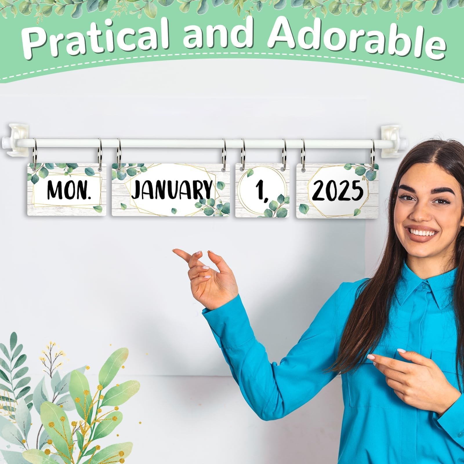 Eucalyptus Calendar Bulletin Board Set Greenery Flip Calendar 54 Date Cards